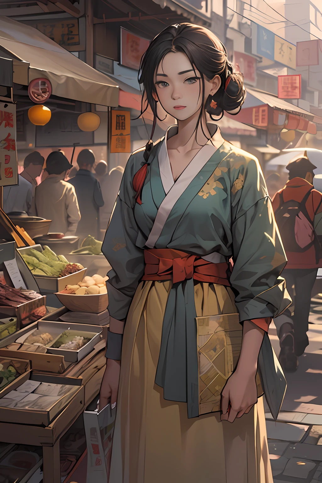 A young woman named Yang Feiyue standing on a busy street, Map at hand, appearance々Surrounded by stalls, With a hint of disappointment and confusion on her face,  ,In the style of the star art group Xing, 32K, Best Quality, masutepiece, Super Detail, high details