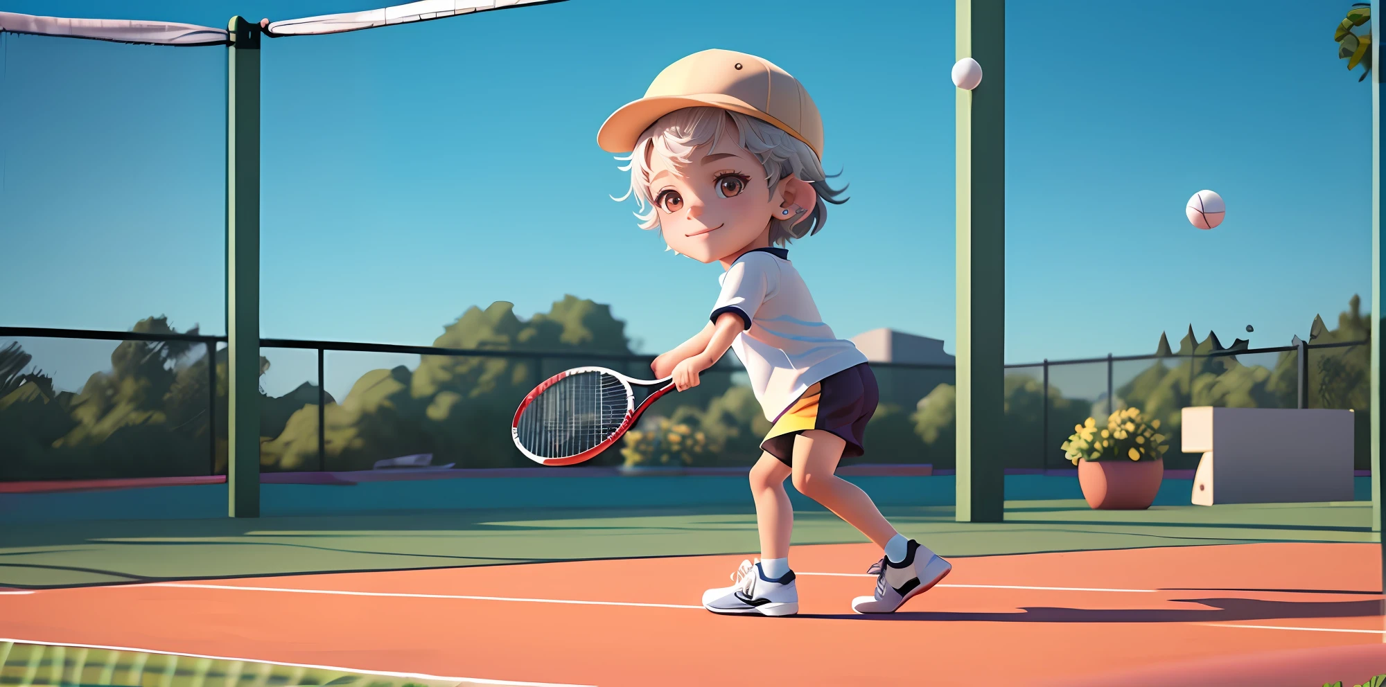 A boy plays tennis at a tennis court, gym,  black eyes, short hair, gradient hair, sportswear, T-shirt, smile, stud  earrings, athletes, Boater  hat, sneakers, in  spring, OC renderer, C4D, cute 3d anime boy rendering, cute detailed digital art, male explorer mini cute boy, 3d rendering stylized, 3d rendered character art 8k, cute digital painting, anime style 3d, super detailed rendering,  available  light