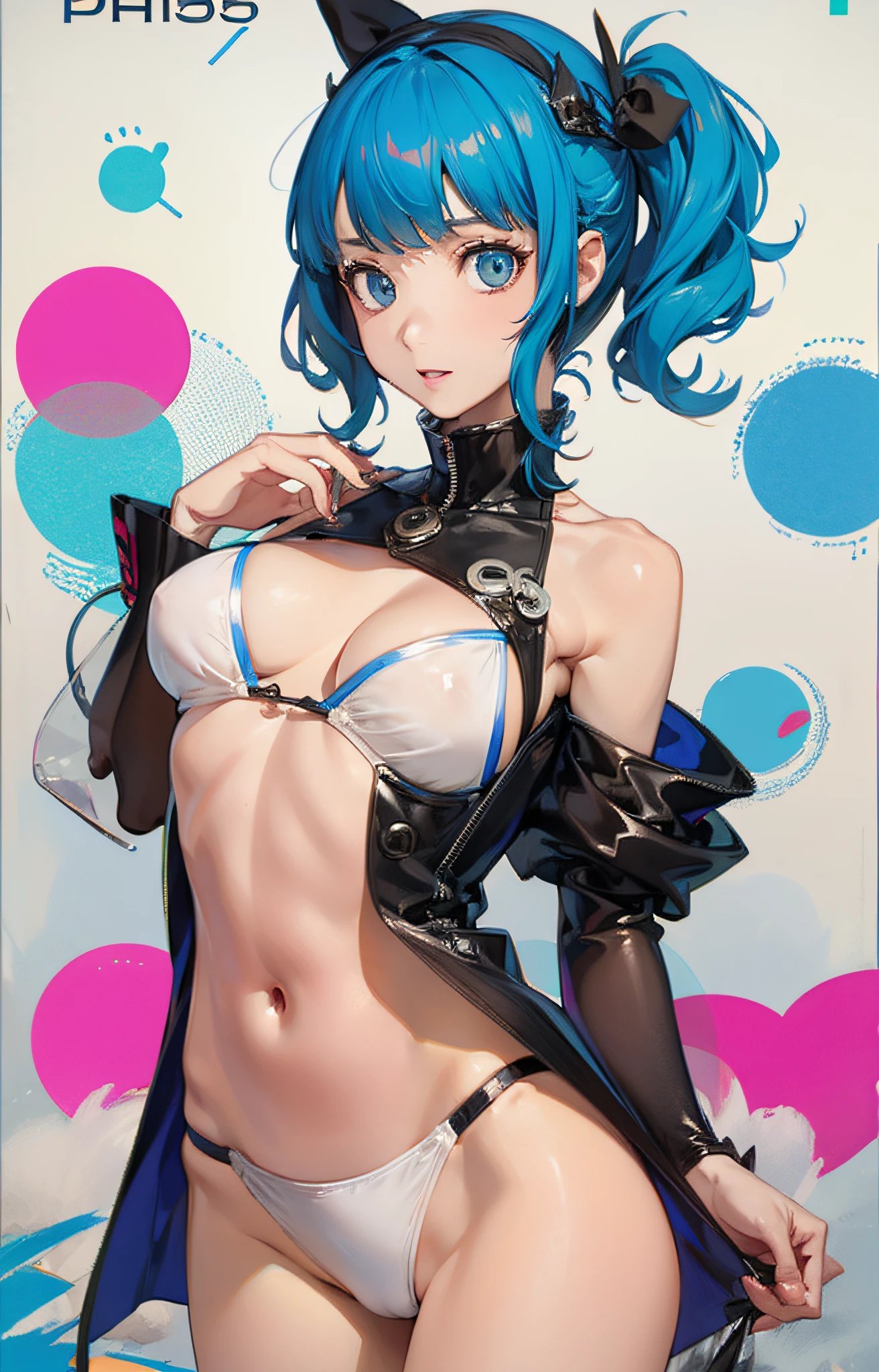 persona 5 art style、Persona 5 Style、Kasumi Yoshizawa、Yoko Asagiri、Full body like、high-level image quality、short-cut、small tits 、Smooth thighs、Patsun、top-quality、The ultra -The high-definition、Fine eyes、Slender legs、Fine and beautiful eyes、a white bikini、stick out buttocks、blue hairs、