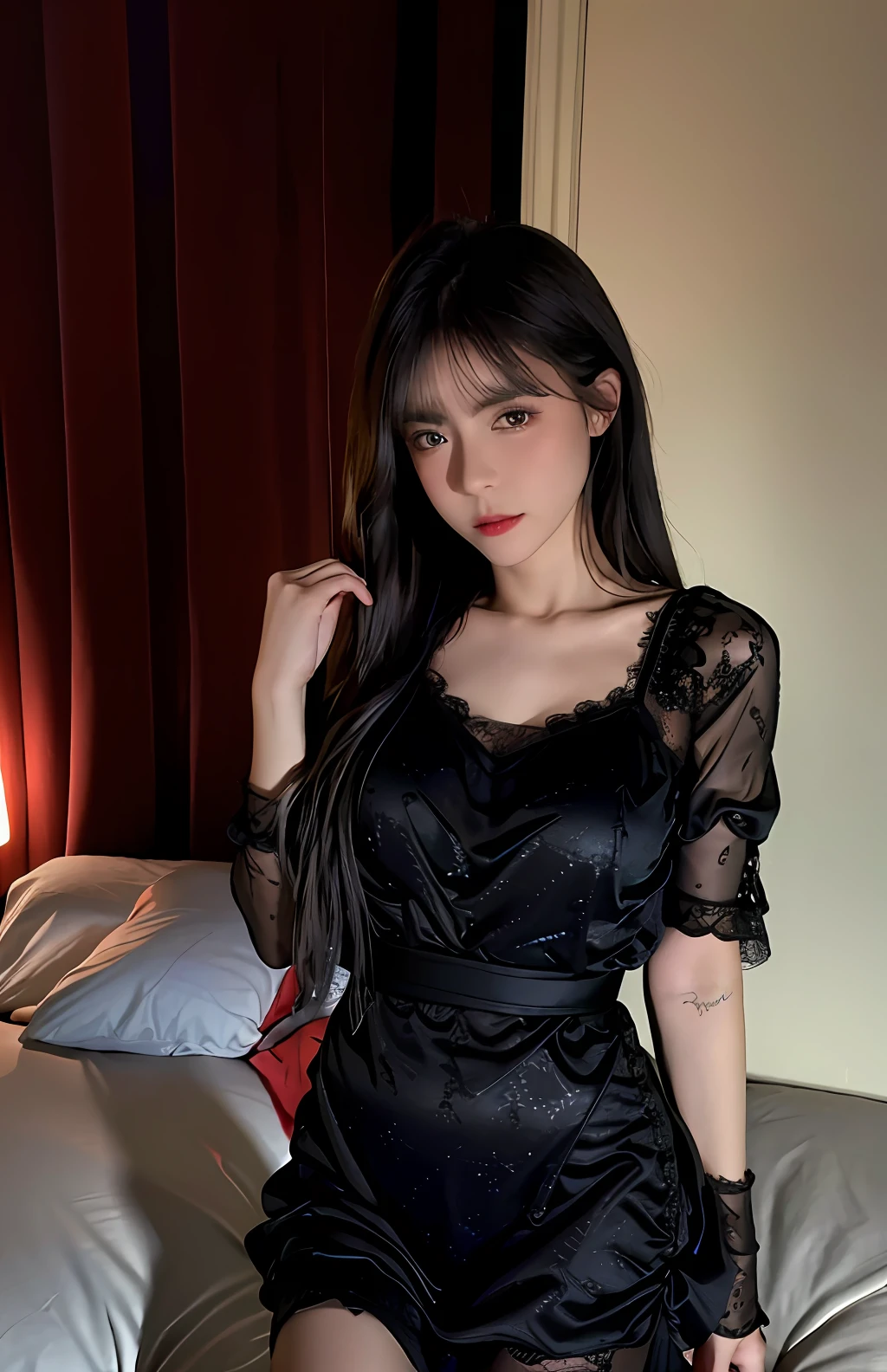 Best quality, masterpiece, ultra high res, (photorealistic:1.4), raw photo, 1girl, ((black lace nightgown)), ((small breast)), cold light