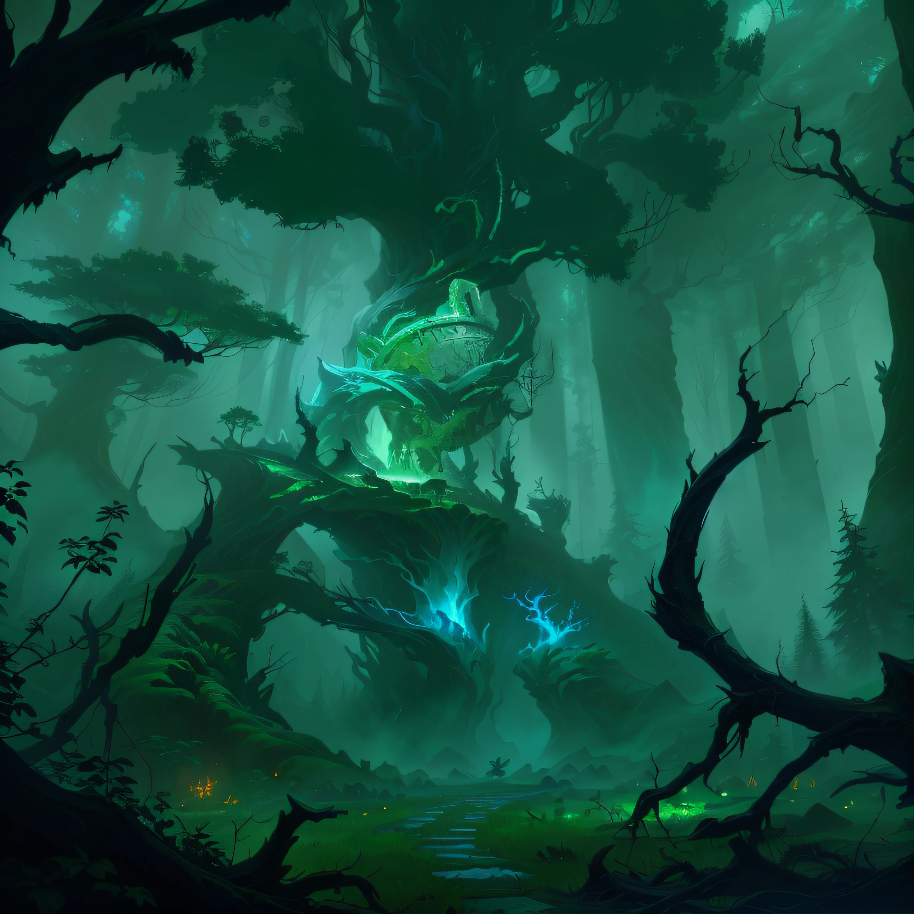 Close-up of a giant tree in the forest, There is treasure in the middle，concept art of a dark forest, Dota 2 concept art, world of warcraft concept art, League of Legends concept art, 4K fantasy art, Detailed digital 2D fantasy art, treant, forest soul, spirit of the forest, author：Andreas Rocha, Ancient forest, background artwork