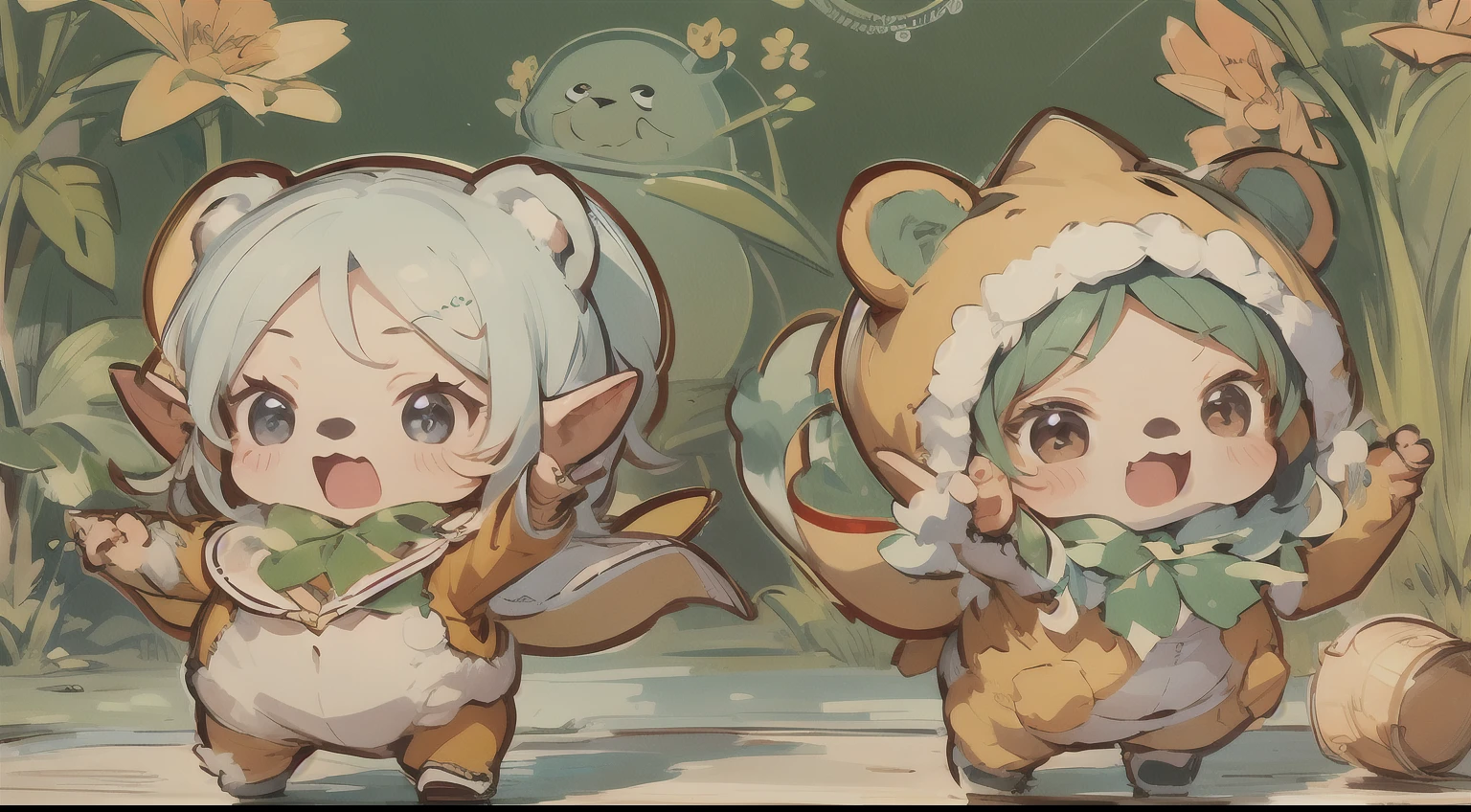 Cute elf characters drawn in realistic hand-drawn style、I work at a concept café、Today I generated a bright illustration of dancing in a bear costume。