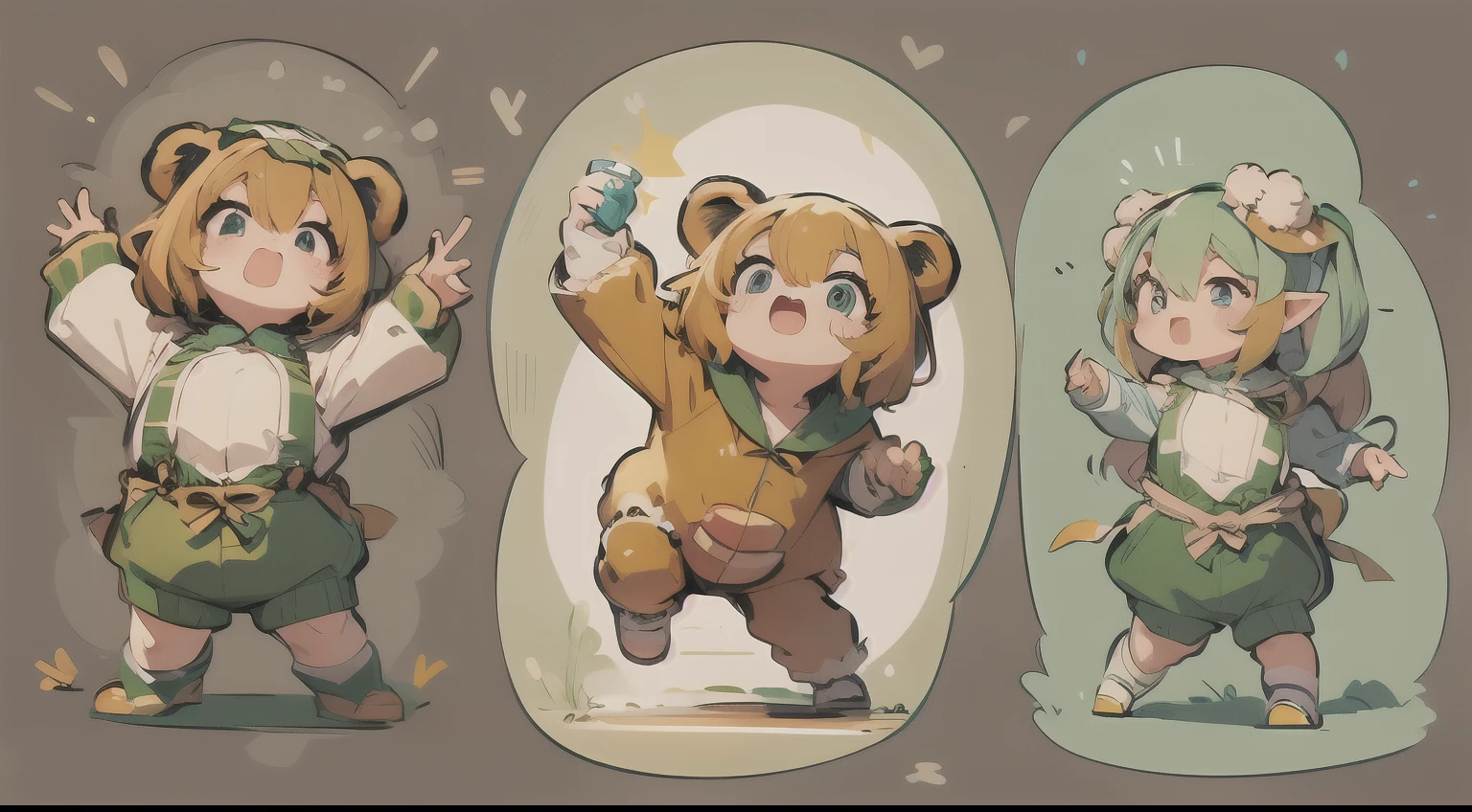 Cute elf characters drawn in realistic hand-drawn style、I work at a concept café、Today I generated a bright illustration of dancing in a bear costume。