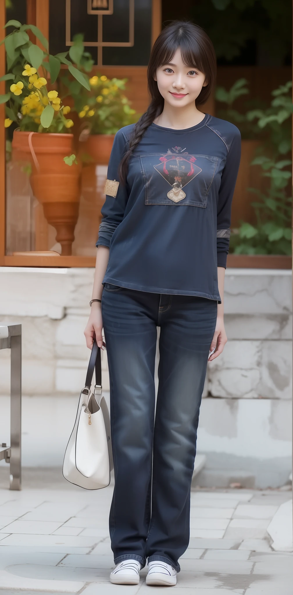 Zhu Ai_Villas,RAW photos,Brand photos,(highdetailskin:1.2),8k ultra high definition,digital SLR camera,gentlesoftlighting,high high quality,filmgrain,富士XT3,18 year old Asian girl,Wear simple clothes,T-shirt and skinny jeans,perfect body figure,Super detailed facial details and skin,Fair and tender face and skin,A sweet smile,fully body photo