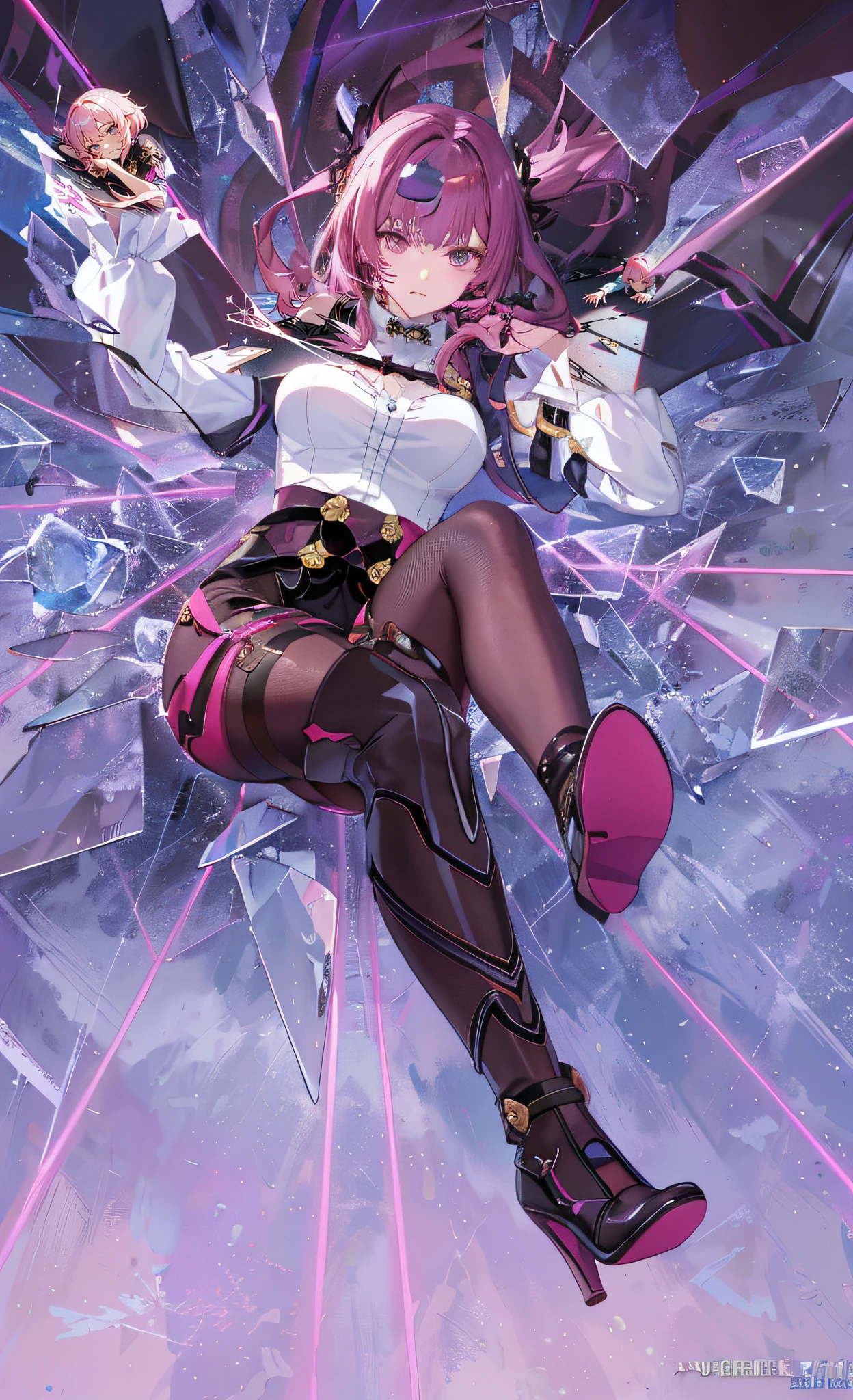 Anime girl lying on broken glass with pink hair and black boots, Kushatt Krenz Key Art Women, Ayaka Genshin impact, Best anime 4k konachan wallpaper, Epic light novel art cover, Guviz, Detailed key anime art, Keqing from Genshin Impact, sakimichan frank franzzeta, Extremely detailed Artgerm