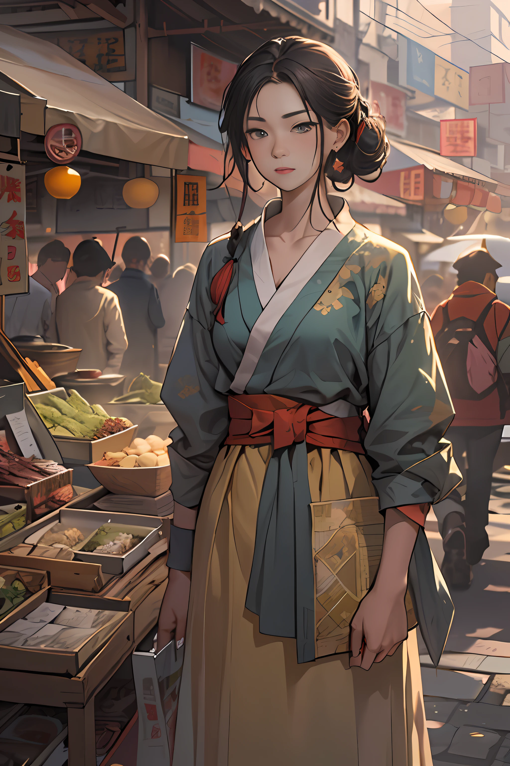 A young woman named Yang Feiyue standing on a busy street, Map at hand, appearance々Surrounded by stalls, With a hint of disappointment and confusion on her face, ,In the style of the star art group Xing, 32K, Best Quality, masutepiece, Super Detail, high details