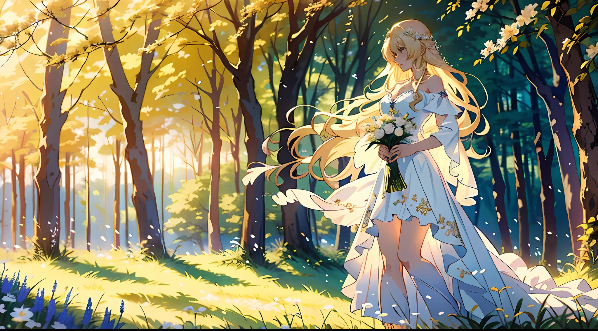 Anime, A woman in a white dress is walking through the forest, Beautiful anime artwork, Beautiful anime art, beautiful anime art style, beautiful teenage girl, Blonde anime girl with long hair, blond-haired princess, anime beautiful peace scene, goddess of nature, Anime fantasy illustration, Beautiful anime, beautiful fantasy anime, Anime goddess, fey queen of the summer forest, Anime fantasy artwork