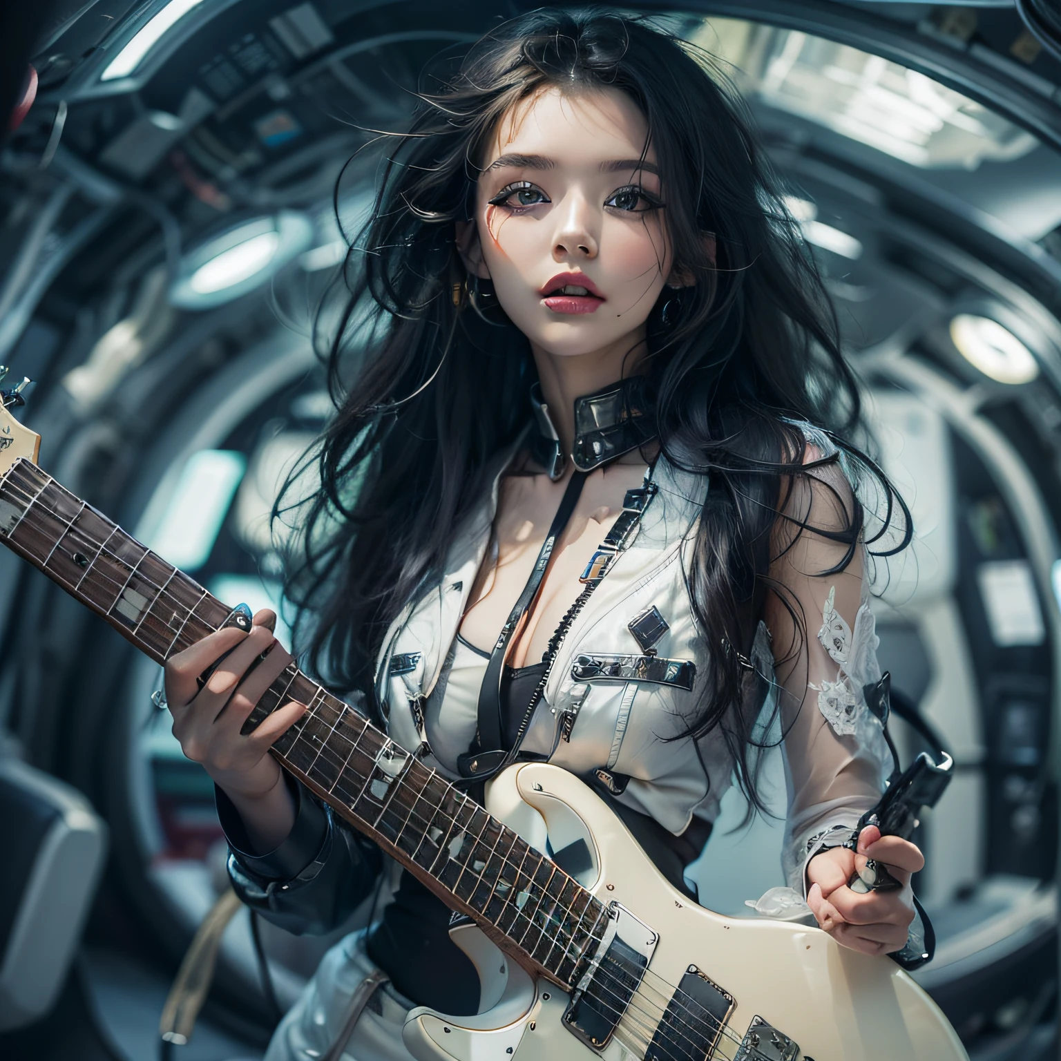Bewitching woman wearing bodysuit and making melioic sign holding an electric guitar stroking hair Perfect beauty Very white skin Beautiful eyes Glossy lips The perfect electric guitar head phone Inside the spacecraft