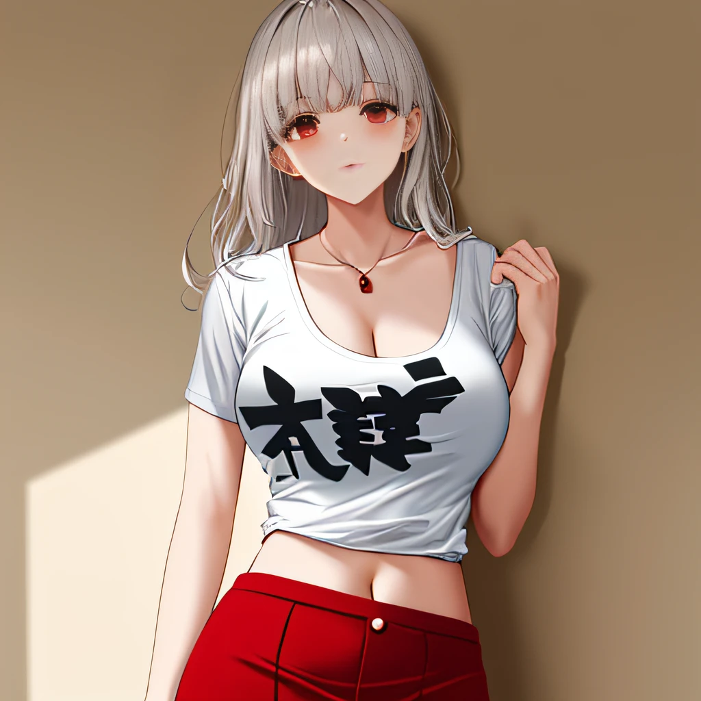 1个Giant Breast Girl,White shirt on the upper body,The bottom is a red miniskirt