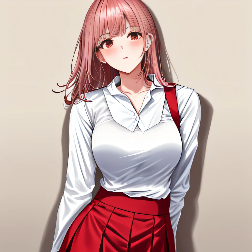 1个Giant Breast Girl，White shirt on the upper body，The bottom is a red miniskirt