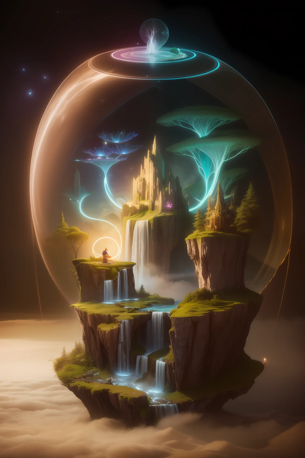 /imagine prompt: A magical realm suspended in the sky, where floating islands and waterfalls merge with colorful bioluminescent flora and fauna, creating a surreal and dreamlike environment, the air filled with a sense of wonder and adventure, Illustration, digital art with glowing effects, --ar 16:9 --v 5