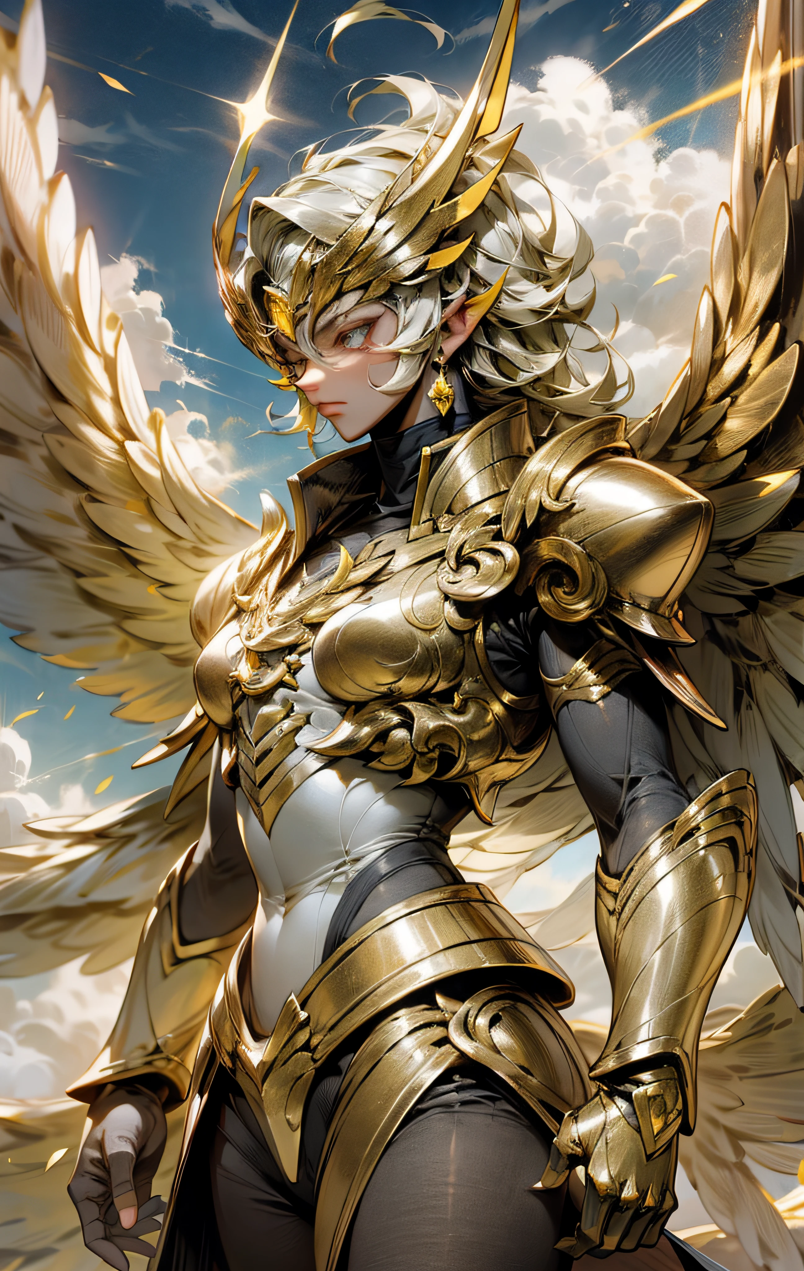 Skysky,clouds,No_Humanity,with light glowing,golden colored,Brightly colored,Gold Saint Seiya,Realistis,8K,Wings,ember