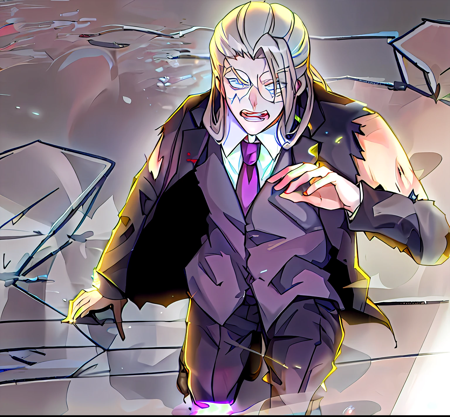 Anime characters in suits and ties，Wearing glowing balls, joe biden as an anime villain, From cryptid academia, demon slayer rui fanart, offcial art, nagito komaeda, trigger anime artstyle, handsome guy in demon killer art, digital art from danganronpa, johan liebert mixed with alucard, High-quality fanart