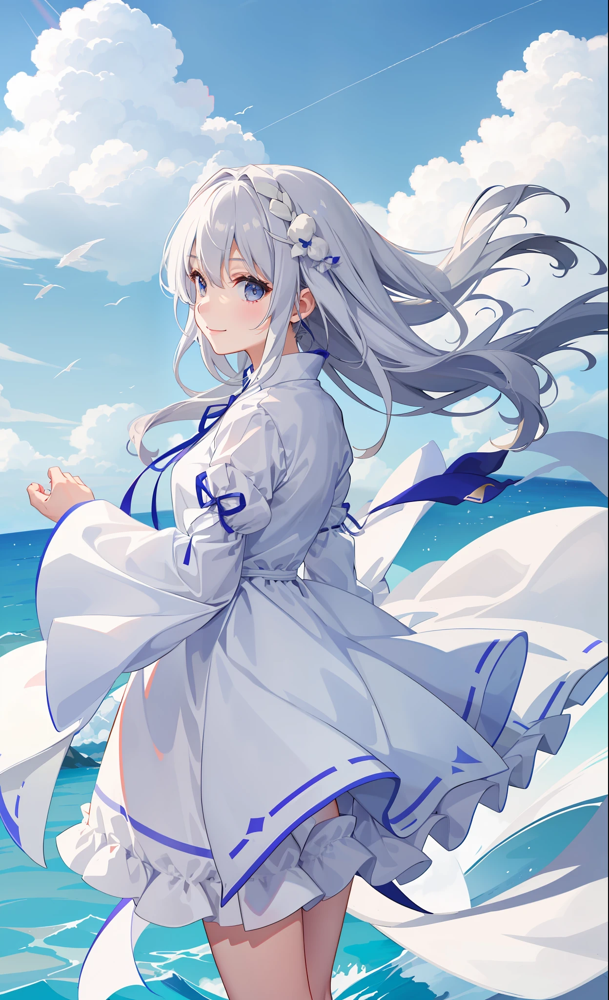 1girl in、A smile、White fluffy dress、the wind、夏天、