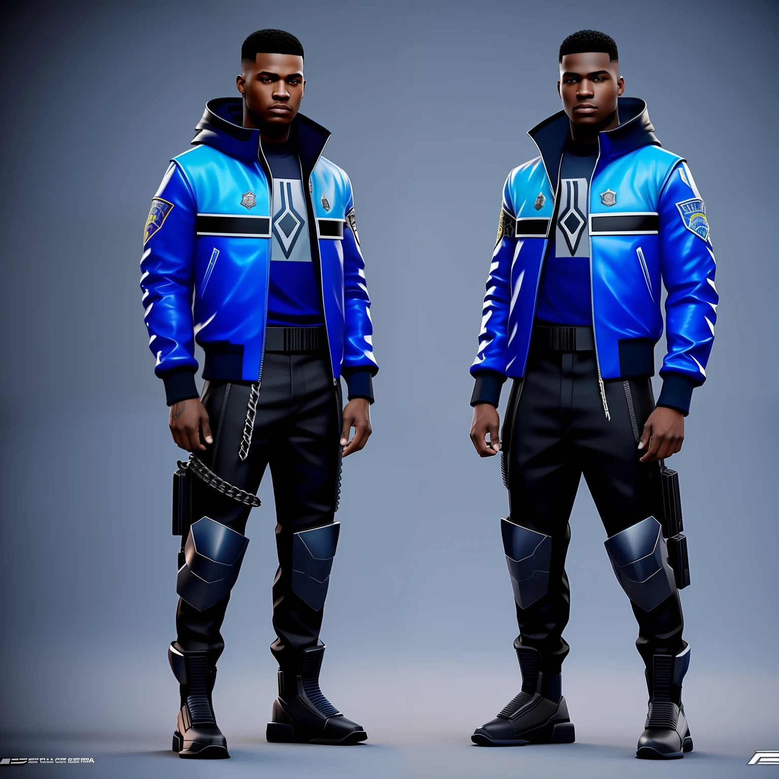 Young black boy de 18 anos de idade, with semi-shaved hair doing gradient, with a serious expression on his face, vestindo uma jaqueta preta com detalhes em azul, Estilo cyberpunk, sketch, multiplos angulos, modelo da roupa, modelo da arma, dinamic poses, fundo coeso, multiple versions of the same model, game, 3D, projeto, heroic, police