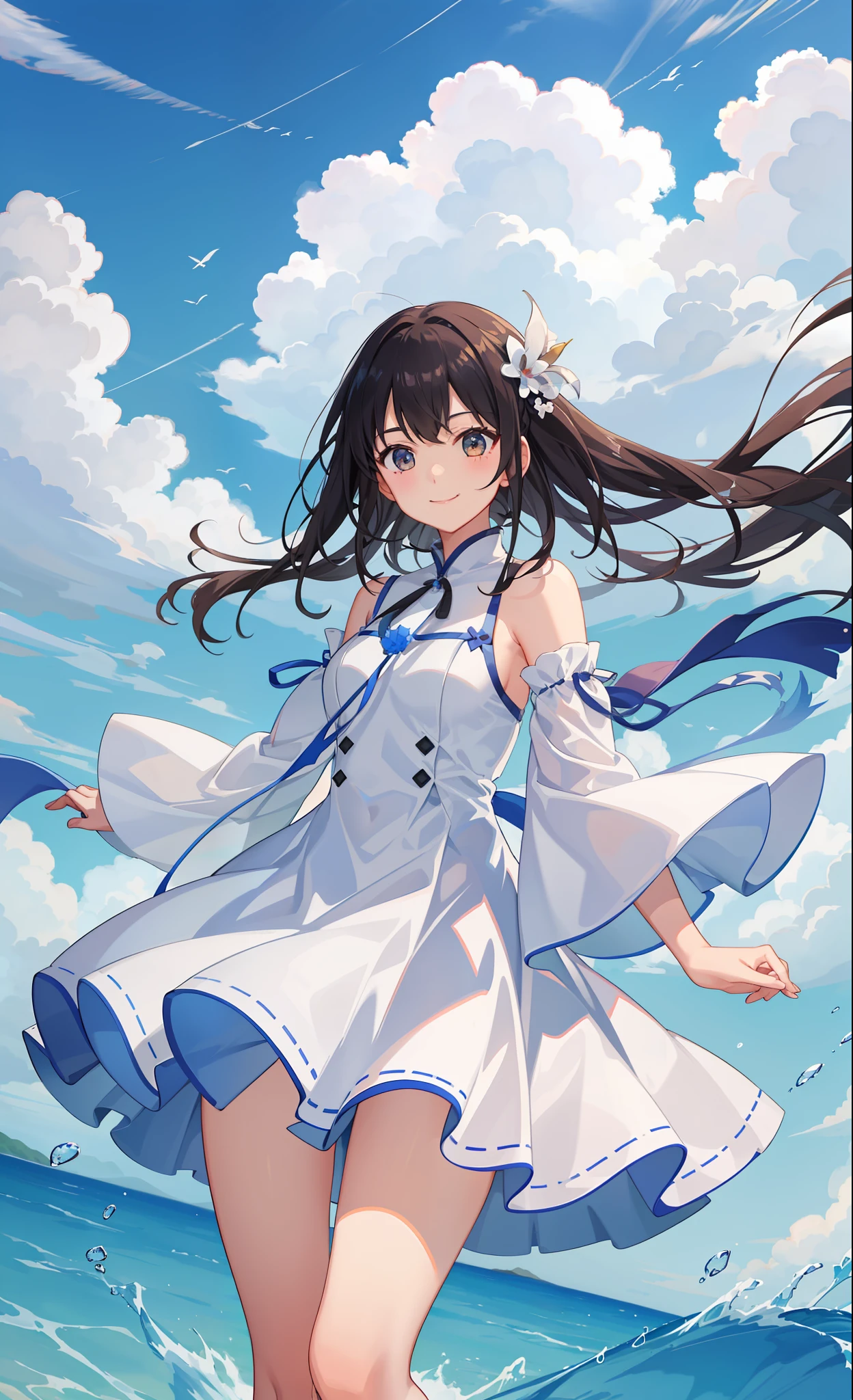 1girl in、A smile、White fluffy dress、the wind、夏天、