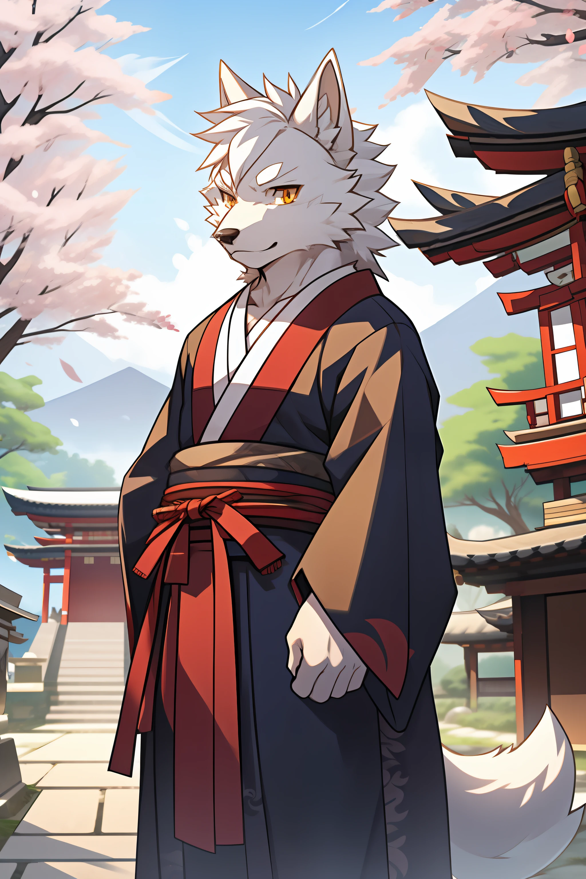 Shrines，under a sakura tree，Japanese style，solo person，White body，White ears，White hair，Overall white，Orange-yellow eyes，Wolf tail，Wolf orcs，Shiji Divine Wolf，Young，Wearing a Taoist robe，Ultra-clear screen，Soft lines