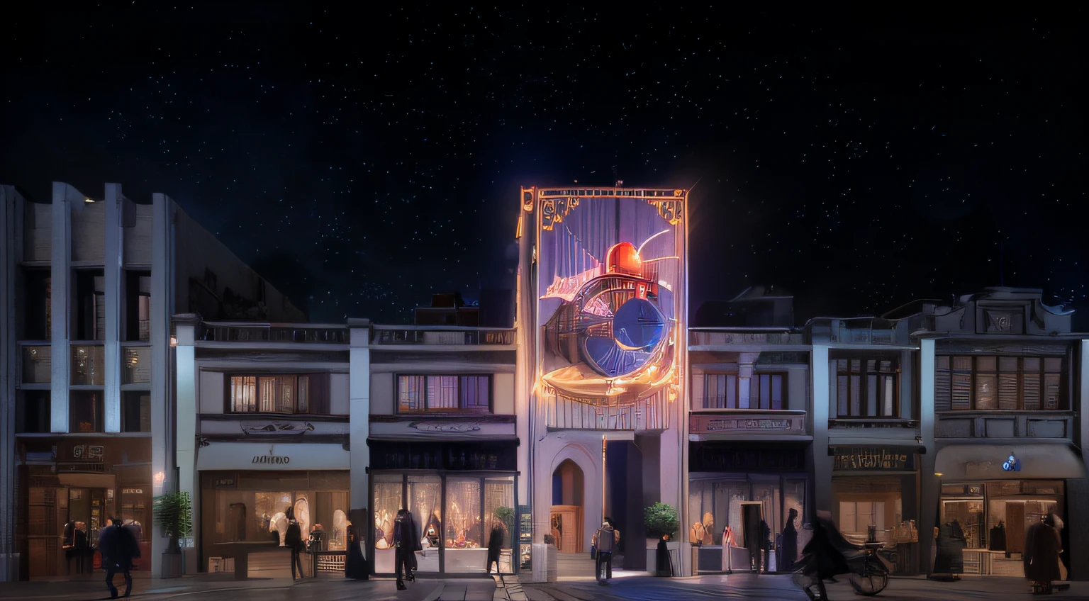 nighttime scene of a city square with a clock tower and people walking, pixar rendering, exterior shot, dramatic artwork, an ultra realistic, a digital rendering, ( ultra realistic, official store photo, ultra realistic ”, ultra realistic”, 4 d cinema, photo render, realistic depiction, grand!, by Luis Miranda, detailed scene, !dream concept art, a hyper realistic