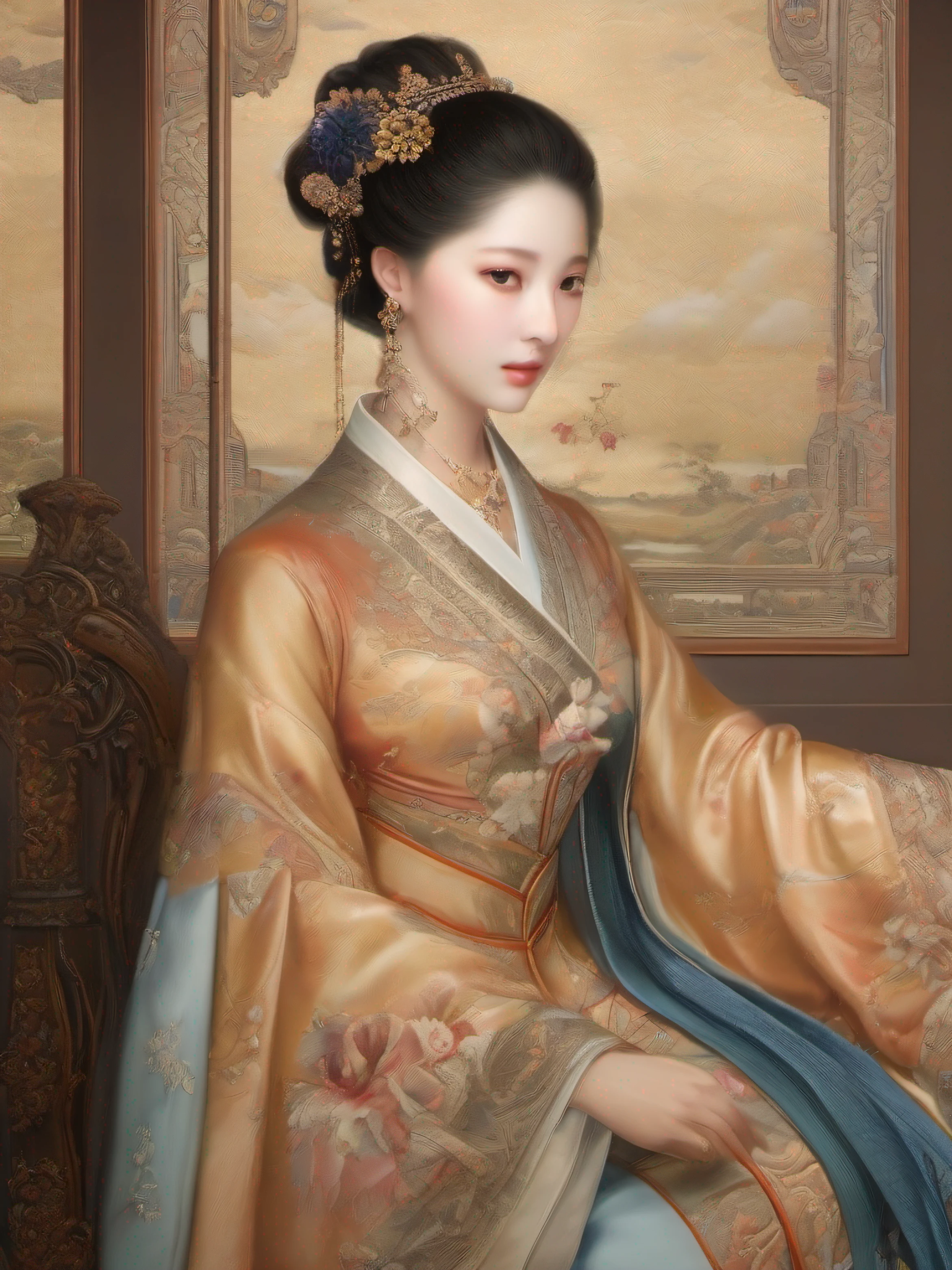 This European Renaissance mural of single noblewomen shows the elegance and elegance of Renaissance aristocratic women。The women in the picture are depicted very elegantly and charmingly,It shows the concept and pursuit of beauty during the Renaissance。
Women wearing luxurious dresses,Delicate fabrics and exquisite details reveal the fashion style of the time。Her clothing is rich in material,The décor is meticulous,Such as gorgeous embroidery、Gold trim and gemstone embellishments,It highlights her noble status and status。
Her hairstyle is carefully designed and retouched,High coiling,The head is decorated with ornate jewelry。Her face is delicate and delicate,Fair and delicate skin。Bright eyes shine with wisdom,Slender eyebrows outline an elegant silhouette。Her lips turned up slightly,exuding confidence and elegance。
Feminine posture gentle feminine,She leaned lightly against a gorgeous chair,Show her noble temperament。She held a delicate bouquet of flowers in her hand。,The flowers are brilliant and colorful,Show her love for nature and beauty。
The background depicts a spacious and sophisticated interior,Ornate tapestries and paintings hang on the walls,The first floor is covered with fine carpets。These details highlight the luxury and sophistication of the aristocratic life of the Renaissance。
The entire mural reveals the quest for aristocratic life and culture,Show the elegance and taste of a noble lady。Through clothing、Meticulous gestures and detailed depictions,This mural conveys the pursuit of beauty and the reverence for noble demeanor,It gives a sense of elegance、Luxurious and sophisticated artistic enjoyment。