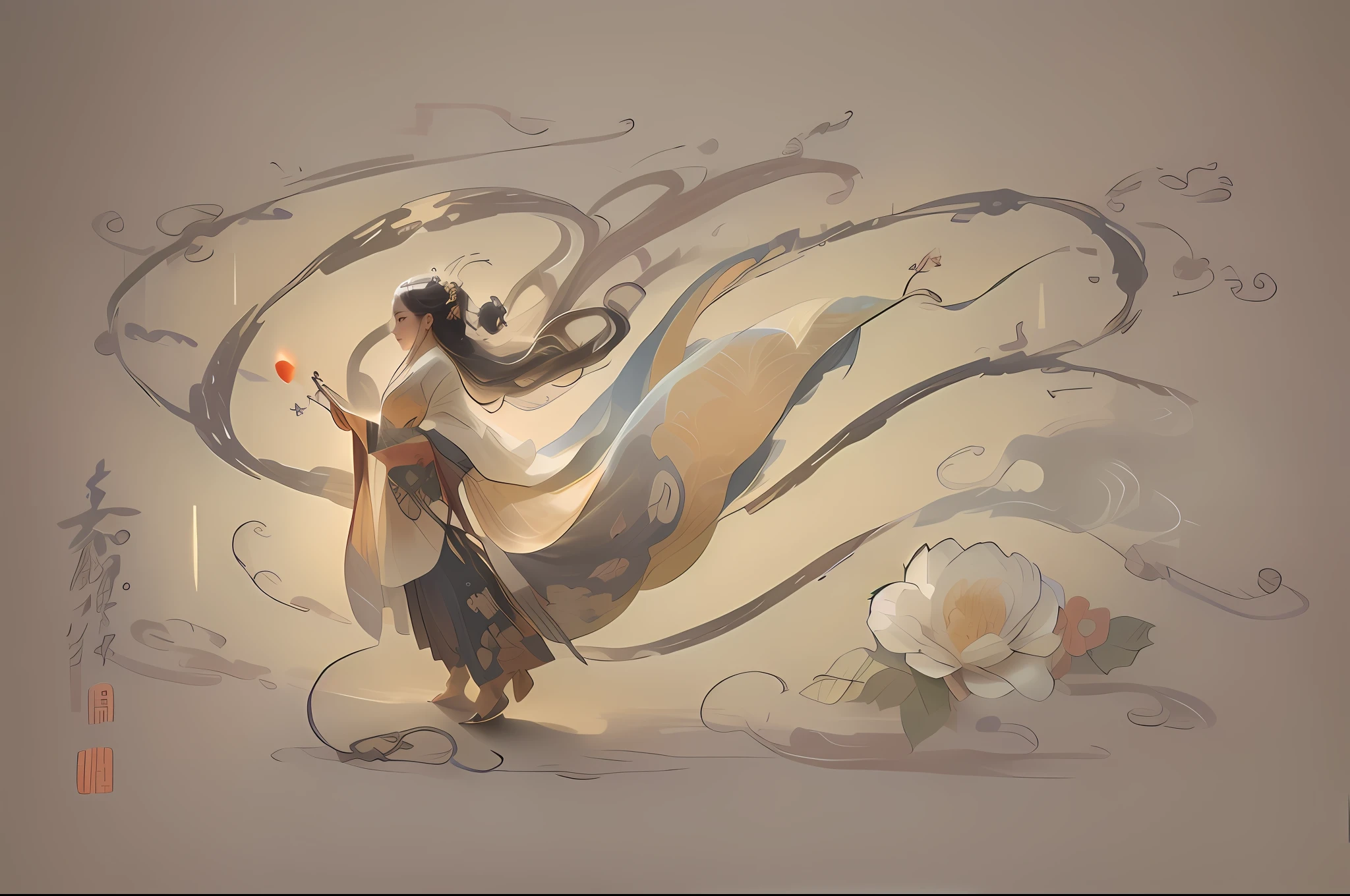 Painting a woman in a kimono dress holding a flower, A beautiful artwork illustration, by Yang J, By Li Song, By Zeng Jing, author:Xie Sun, Palace , A girl in Hanfu, by Bayard Wu, Beautiful character painting, author:Qu Leilei, By Leng Mei, author:Chen Lin, author:Zou Yigui