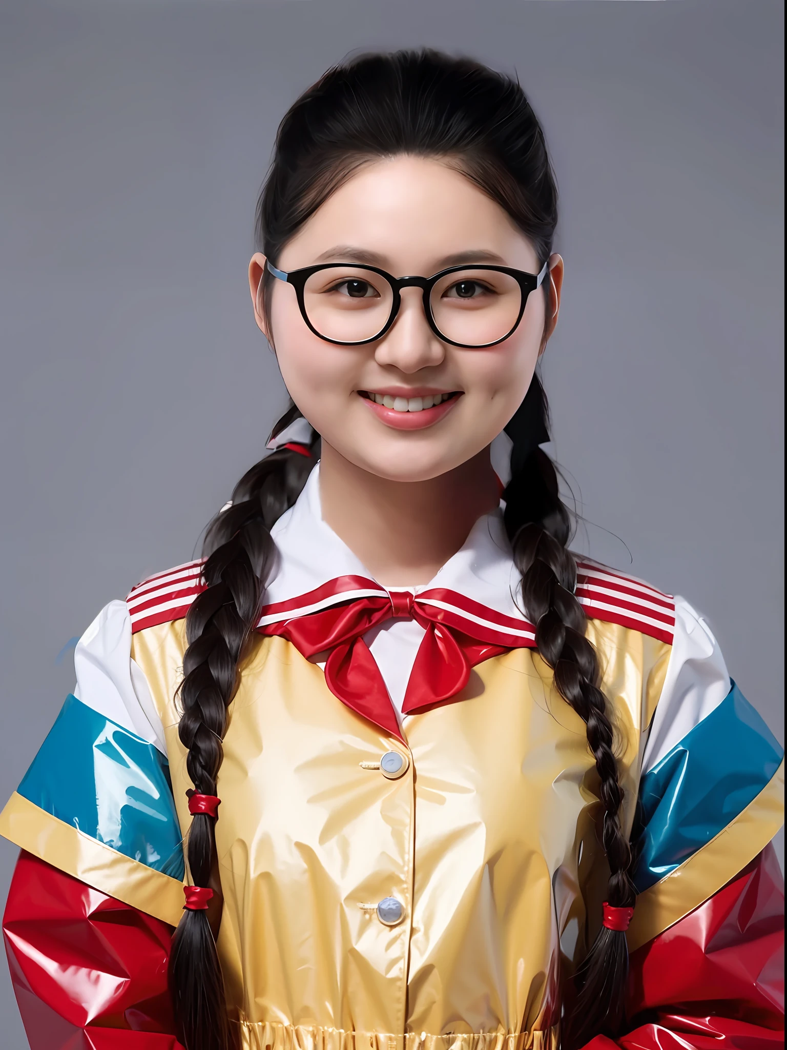 A Chinese high school girl，Wearing PVC colored sailor suits，There are bows，Braid