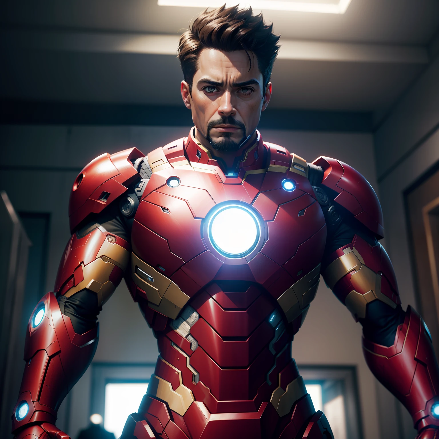 (8k,RAW photos,best qualtiy,tmasterpiece:1.2),hyper-detailing,Formal art,photorealisti:1.37,upperbody shots,Marvel Iron Man,filmgrain,actionpose。