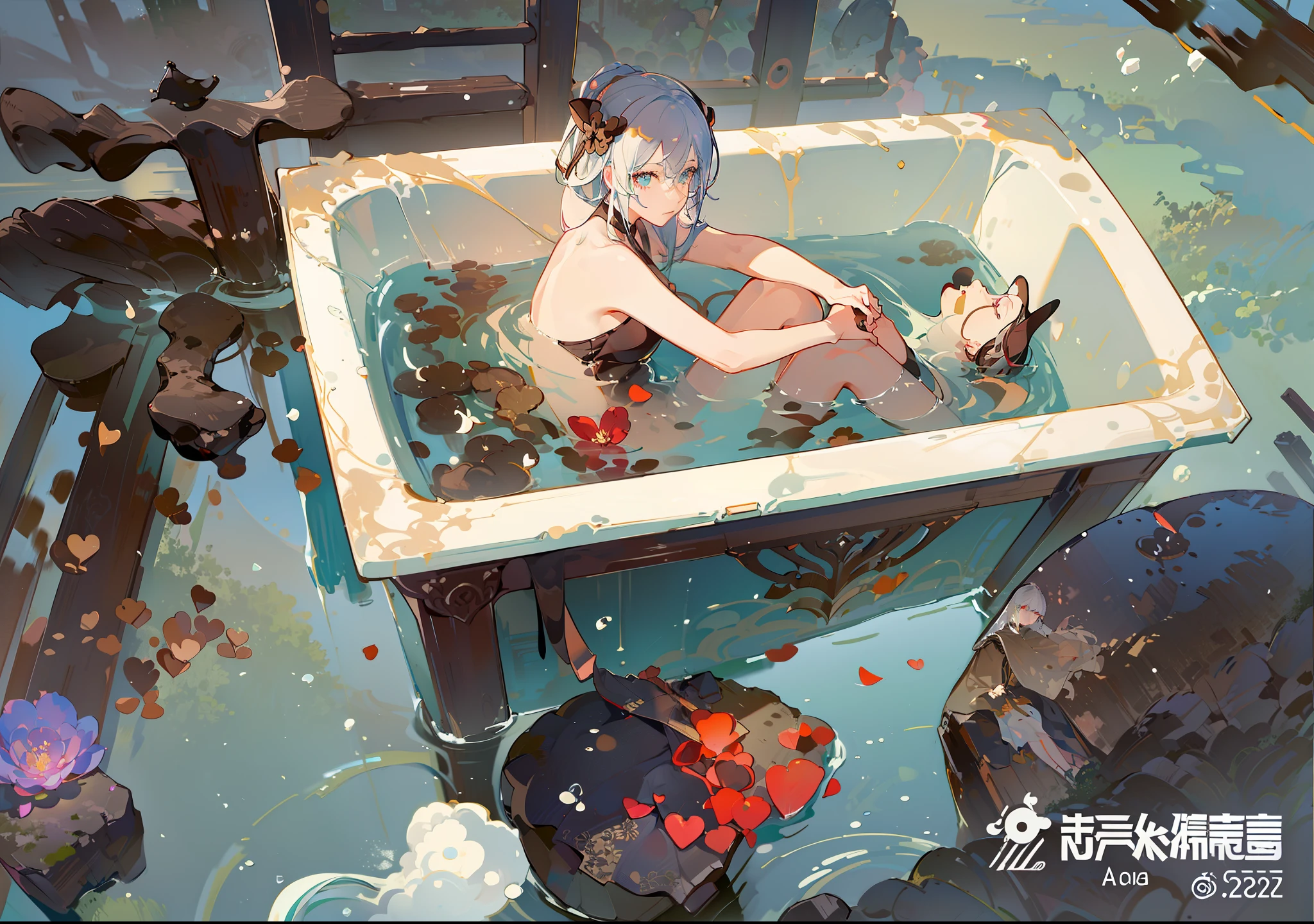 there is a woman that is sitting in a bath tub,There is a lot of water, Guviz-style artwork, Relaxing concept art, Guviz, Guweiz in Pixiv ArtStation, Guweiz on ArtStation Pixiv, Inspired by Fenghua Zhong, author:yanjun cheng, author:Shitao, guweiz masterpiece