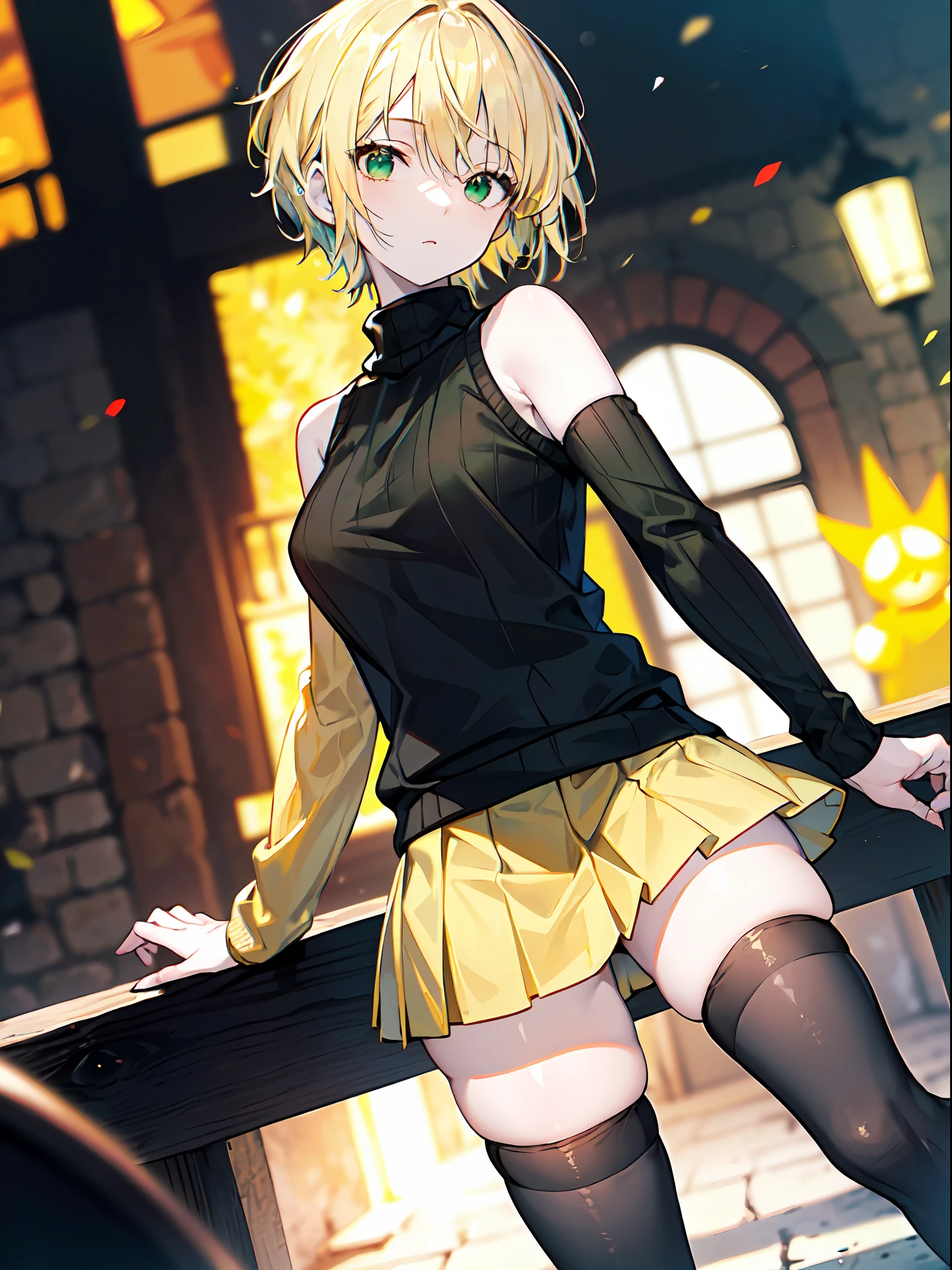 ((masterpiece)), ((pale skin)), (bokeh effect), (dynamic angle), (blurry background:1.3), sharp eyes, (solo:1.2), (female:1.1), (blonde:1.1), (yellow sweater:1.3), (green short skirt:1.3), (short hair:1.1), bare shoulders, (black thighhighs:1.2)