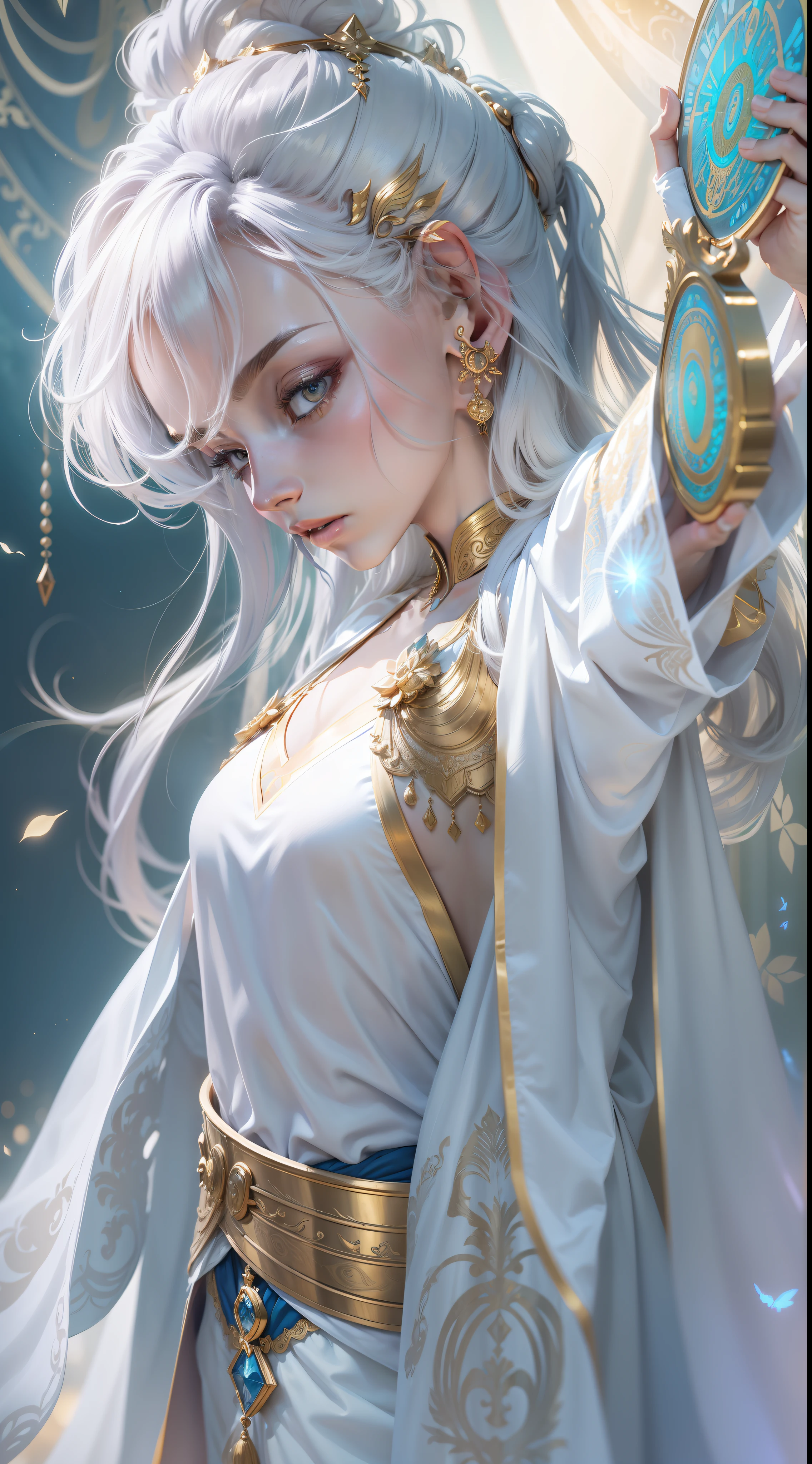 tmasterpiece,hyper HD,8K,White skin of the,Super long white hair,20yr old,1girll,slim toned body,Vest line,long hair flowing,paleskin,Glowing skin,Surrounded by lights,Exquisite jewelry,Delicate bracelet,Delicate hair accessories,Does not expose the chest,Wear a robe that does not show your chest,Professional classical dance moves,upperbody closeup,Detailed face,People float in the air,The feeling of being high,The hands are surrounded by a blue-violet aperture,Fairy air fluttering,Holding various magic weapons in his hands,Gorgeous silk,Flowing tulle,Golden Buddha statue Falun background and dazzling background,Buddha statue background,The golden Falun is behind the numbers,Best light,cinematic filter,Digital illustration art,Superb art painting,