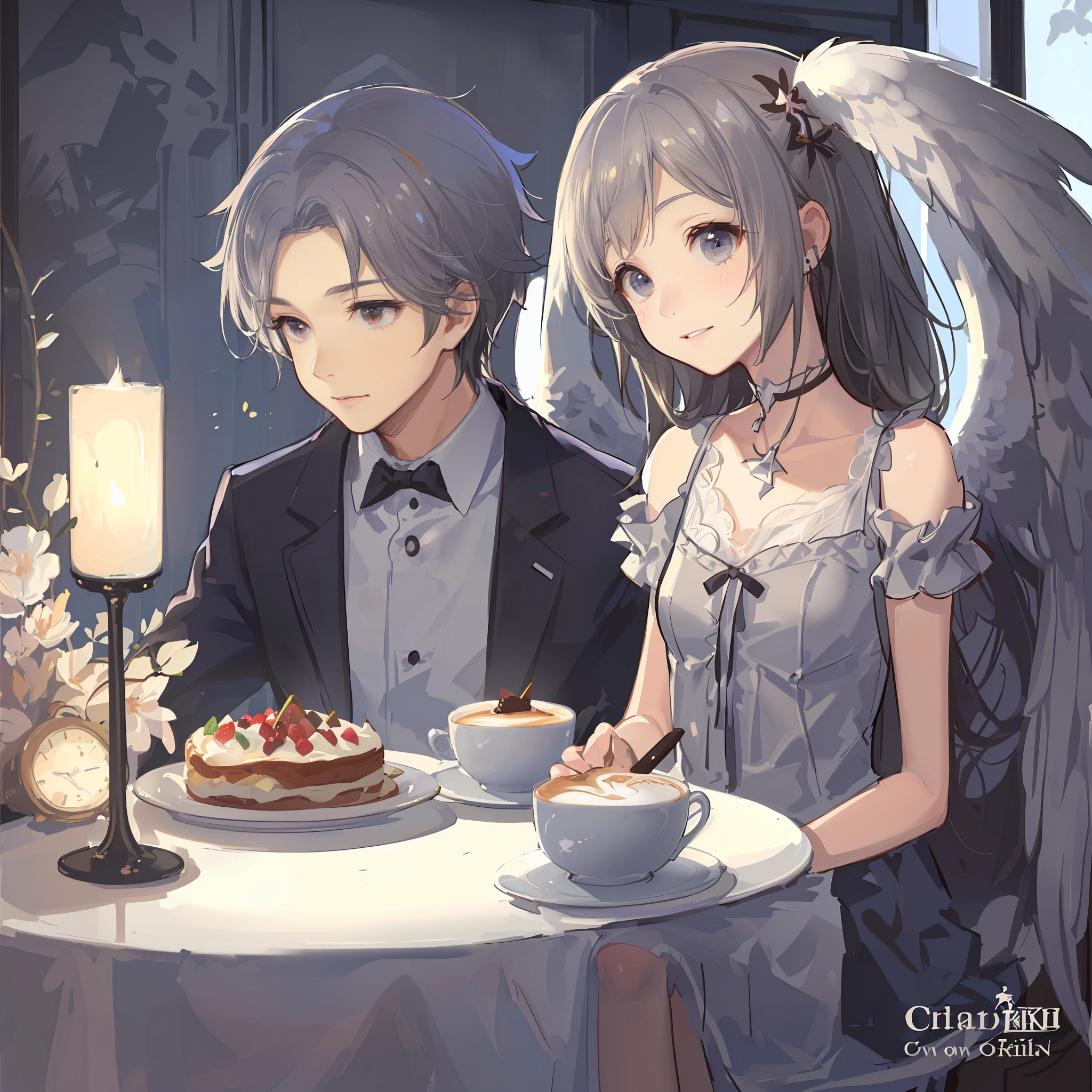 Anime couple sitting at a table,Holding cake and a cup of coffee, cafe in the clouds, silver wings, Official artwork, cherubic, WLOP and Sakimichan, Detailed fanart, restaurant!, Loli, Pixiv style, high detailed official artwork, restaurant!!, High-quality fanart, discord profile picture, official fanart, highly detailed exquisite fanart, cute couple