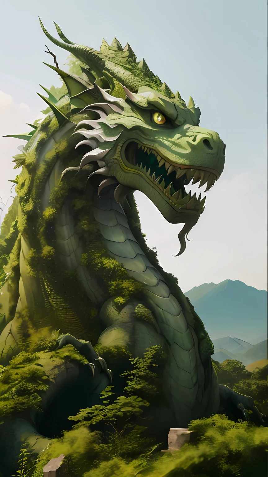 There is a dragon statue in the middle of the field, vegetal dragon cyborg, massive green dragon!!!, chinese dragon concept art, Green Dragon, smooth chinese dragon, jormungandr, Dragon Head, majestic japanese dragon, colossal dragon as background, dragon scales across hairline, A dragon, a creature 5 meters tall, an ancient creature