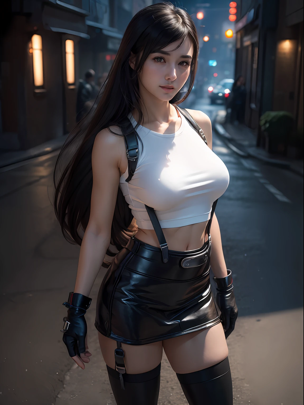 (masterpiece, best quality:1.4), (future days), (front shot), (1girl:1.2), (solo), (european youth:1), defTifa, white crop top, elbow pad, fingerless gloves, suspenders, pencil skirt, black socks, red boots, full body, medium breast, looking at viewer, sexy smile, futuristic city at night, beautiful face, highly detailed face, highly detailed skin, skin pores, subsurface scattering, realistic pupils, medium breast, full face blush, full lips, detailed background, sfw, depth of field, volumetric lighting, sharp focus, absurdres, realistic proportions, good anatomy, (realistic, hyperrealistic:1.4), 16k hdr,