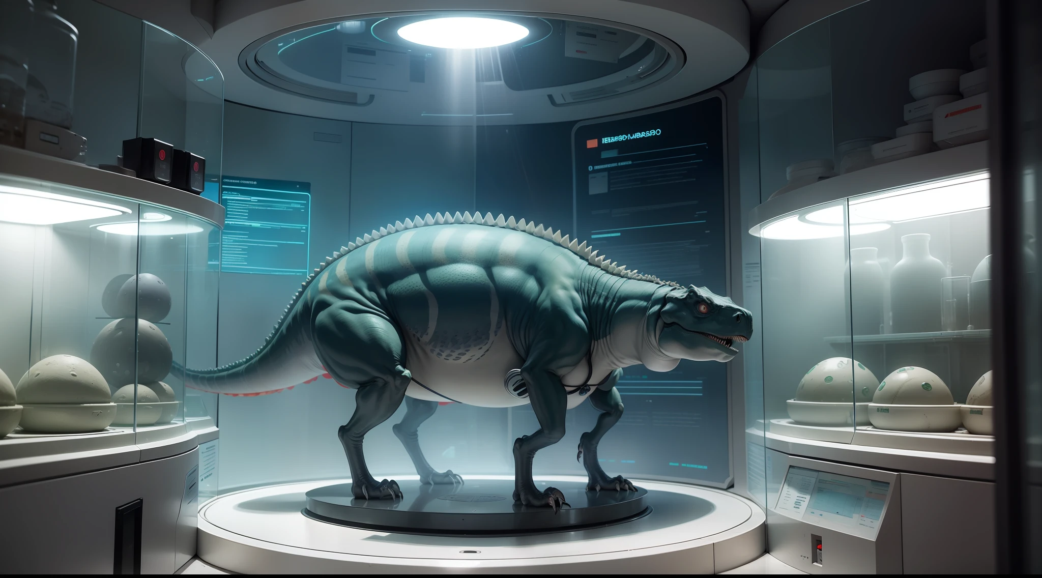 Refer to Jurassic Park。There are a lot of dinosaur eggs in the display case in the laboratory, incubator medpods, futuristic cloning facility, Keep warm compartments, futuristic chemistry lab, futuristic laboratory, Futuristic production facility, futuristic scientific laboratory, stood inside a futuristic lab, In research institutions, showcases full of embryos, Bright tones,Line of sight height