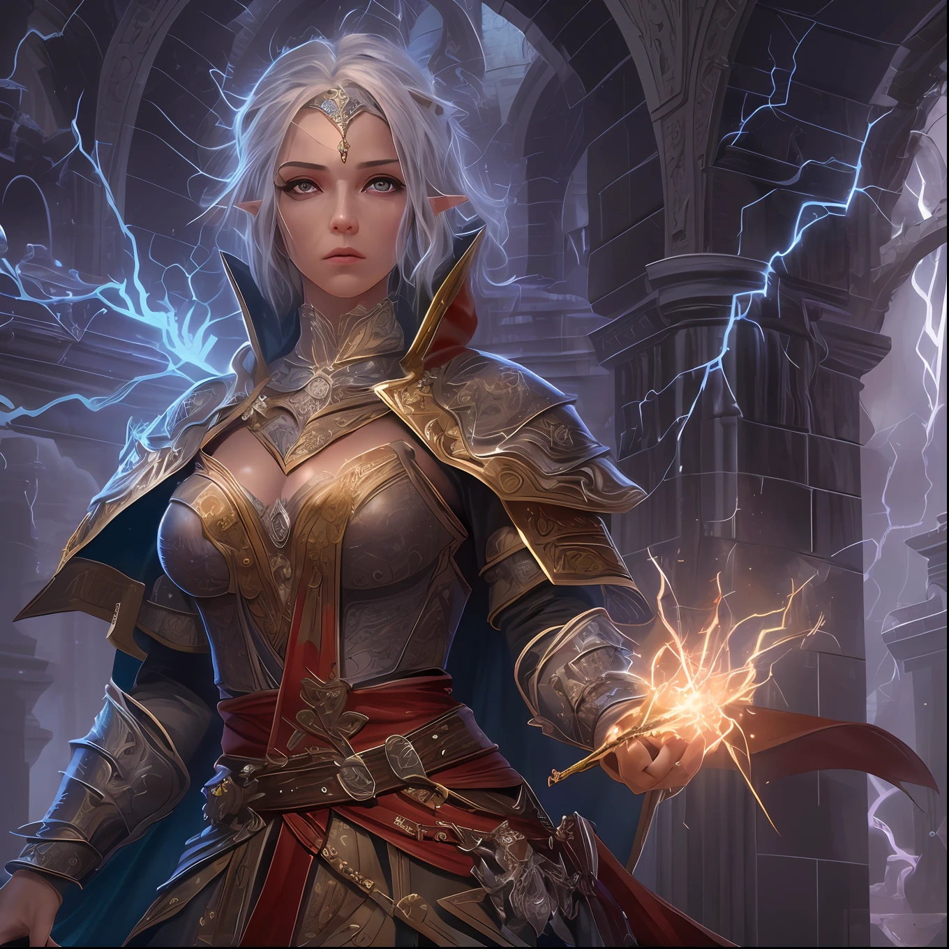 high details, best quality, 8k, [ultra detailed], masterpiece, best quality, (extremely detailed), dynamic angle, ultra wide shot, photorealistic, fantasy art, dnd art, rpg art, realistic art, an ultra wide picture of female elf cleric, holding a hammer, hammer with  lightning sigils (1.5 intense details, Masterpiece, best quality), red cloak (intricate details, Masterpiece, best quality: 1.5), holy lightning, casting a spell, yellow magical lightning (intricate details, Masterpiece, best quality: 1.5), wearing black armor, plate mail armor, elven armor  (intricate details, Masterpiece, best quality: 1.5), holy symbol, blue light from symbol, black hair (intricate details, Masterpiece, best quality: 1.5), short hair, small pointed ears, intense eyes, green eyes, D&D female elf (intricate details, Masterpiece, best quality: 1.5) fantasy temple background, lightning storm background, ((divine worship atmosphere)), high details, best quality, highres, ultra wide angle