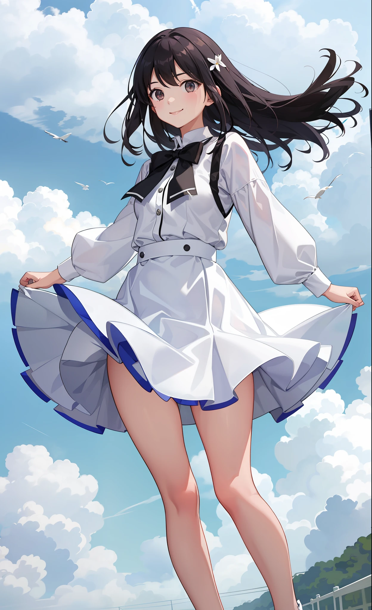 1girl in、A smile、The shirt、skirt by the、White fluffy dress、(small tits)、Chilarism、movement、the wind、