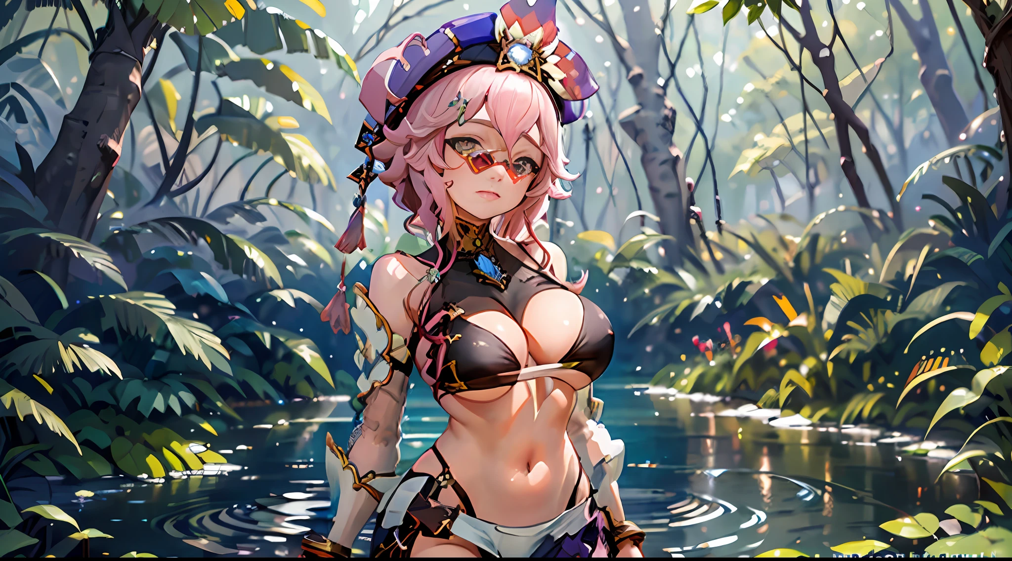Dori Genshin Impact, Iwhole body, (NSTDA.:1.2), (10, beste-Qualit, master-piece: 1.4), ultra-high resolution, (realistic, photorealistic: 1.48), Cute Girl 25 years old , ( Beetle Micro See-through bikini:1.11), huge breasts, famous Japanese celebrities, blue eyes, head tilt, cowboy style Side view Looking at viewer Emotionless Beautiful river in the forest Zeiss 150mm F/ 2.8 Hasselblad Whole body Foot Ultra Wide angle
