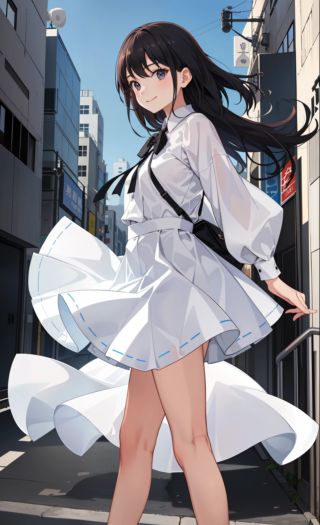 1girl in、A smile、The shirt、skirt by the、White fluffy dress、（small tits）、Chilarism、movement、the wind、