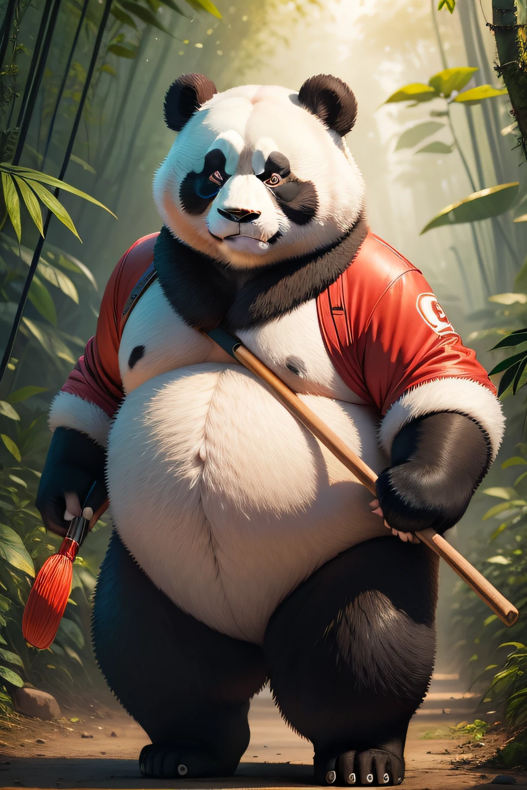 pandas，Red and white giant pandas，best qualityer，（Shy face），（High detail），Grumpy angry，8K，Panda running in the jungle，Holding a golden hoop rod in hand