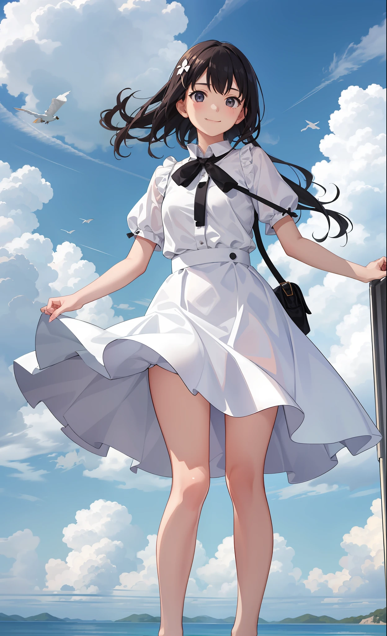1girl in、A smile、The shirt、skirt by the、White fluffy dress、（small tits）、Chilarism、movement、the wind、