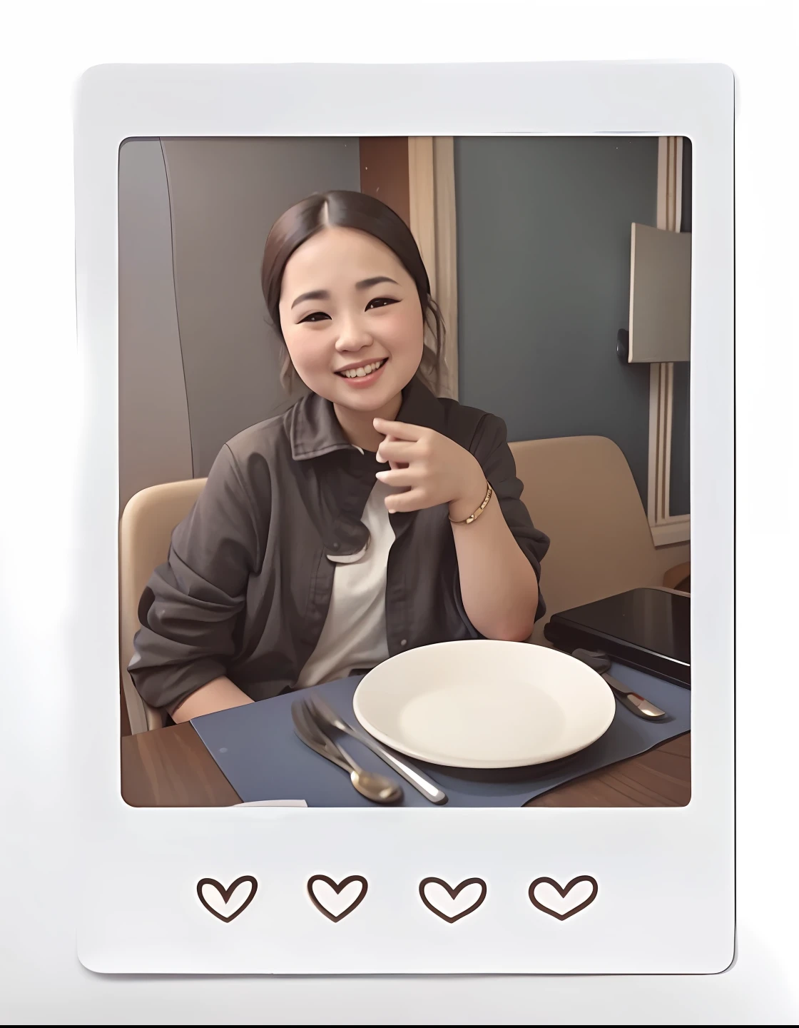 Alafard photo,A woman sits at a table,Hold plates and cups, low quality instant camera photo, enhanced quality polaroid photo, inspirado por Kim Jeong-hui, instax, snapchat photo, lofi portrait, polaroid picture, polaroid photograph, 3 0 years old woman, 30 year-old woman, Polaroid photo style, chiho