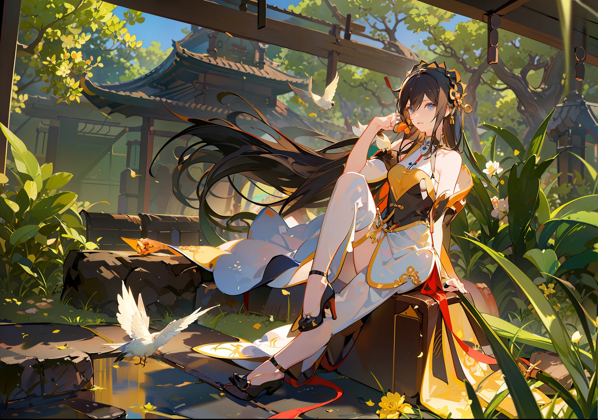 Anime girl sitting on bench,A bird in his hand, Guviz-style artwork, by Yang J, 2. 5 D CGI anime fantasy artwork, Inspired by Fenghua Zhong, Palace , A girl in Hanfu, Beautiful digital artwork, beautiful and seductive anime woman, trending on cgstation, Guweiz in Pixiv ArtStation