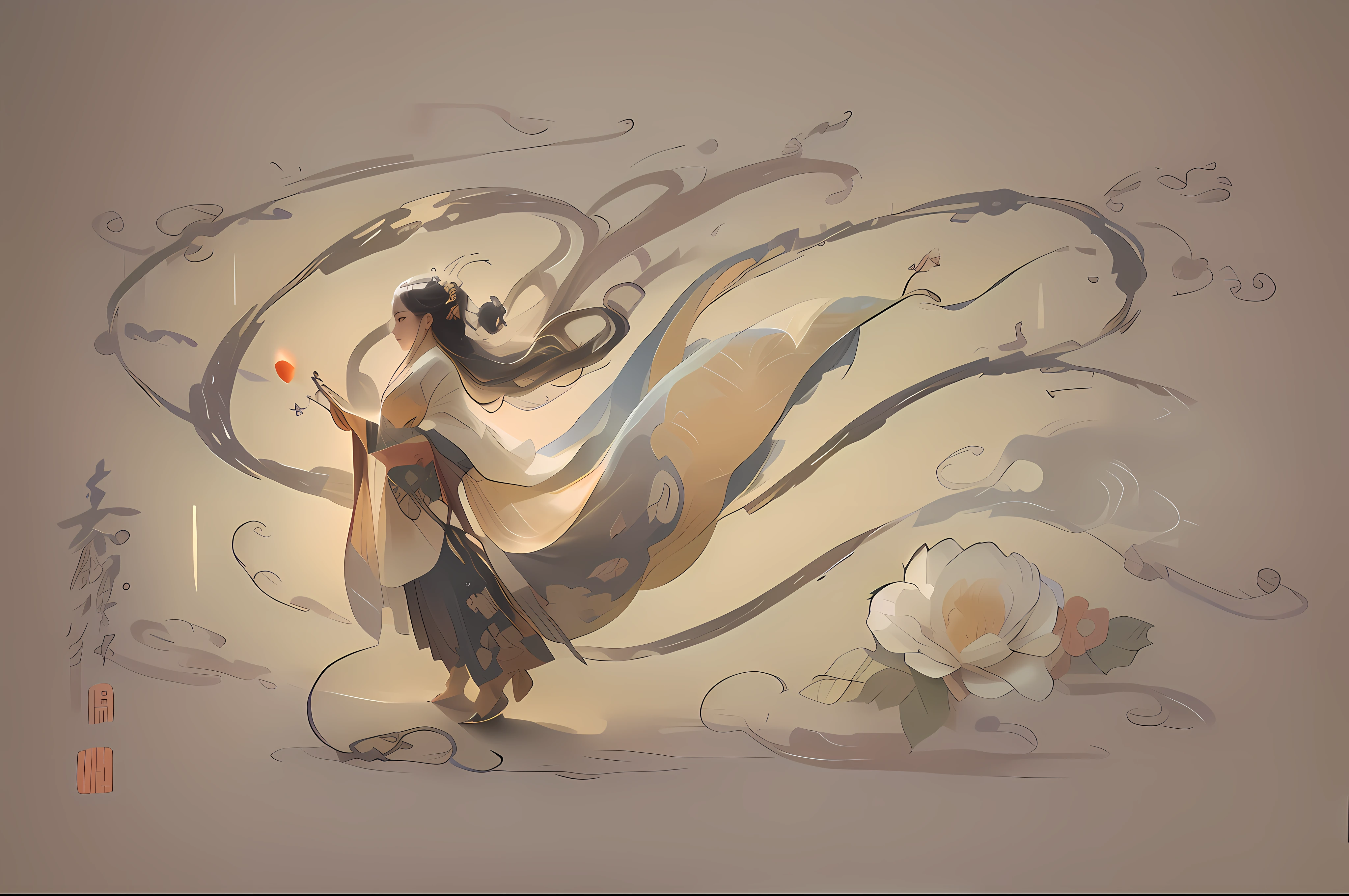 Painting a woman in a kimono dress holding a flower, A beautiful artwork illustration, by Yang J, By Li Song, By Zeng Jing, author:Xie Sun, Palace , A girl in Hanfu, by Bayard Wu, Beautiful character painting, author:Qu Leilei, By Leng Mei, author:Chen Lin, author:Zou Yigui