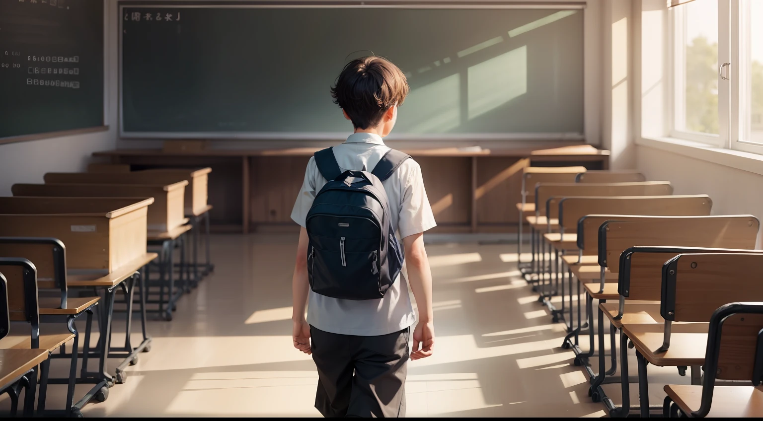 A boy entering a classroom.