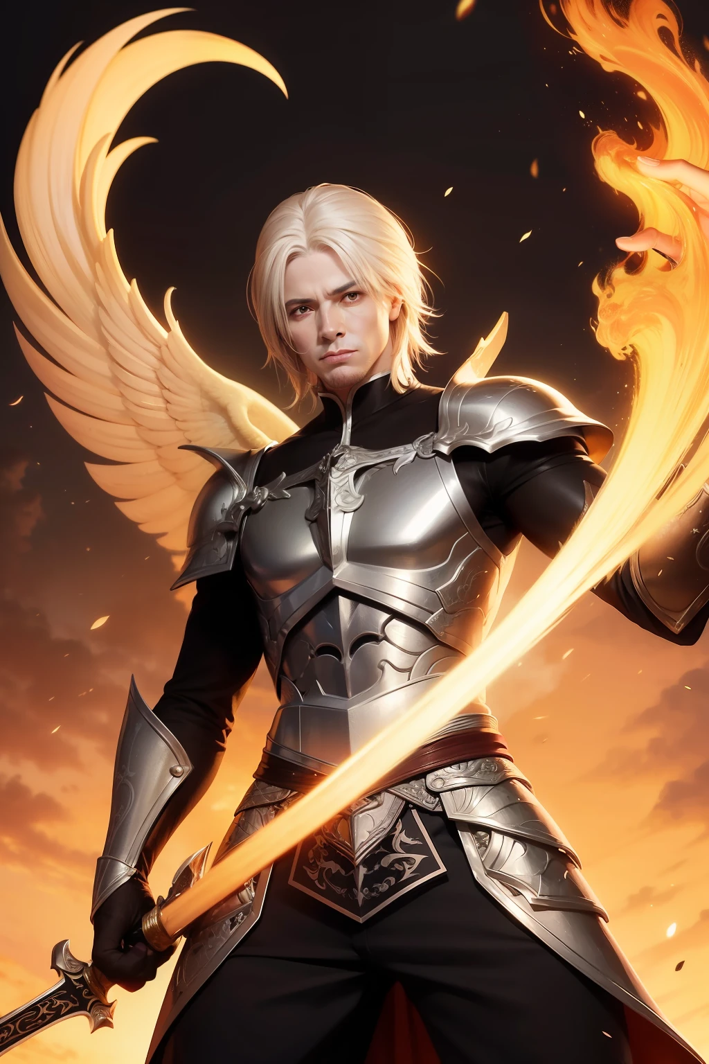 Fotorealista, anjo, masculino, poderoso, imponente, postura dinamica, asas grandes e douradas, armadura completa dourada, espada de fogo, olhos verdes, In his right hand he wields a sword of fire, rosto masculino perfeito, Seu cabelo dourado brilha como o sol, sem nudez