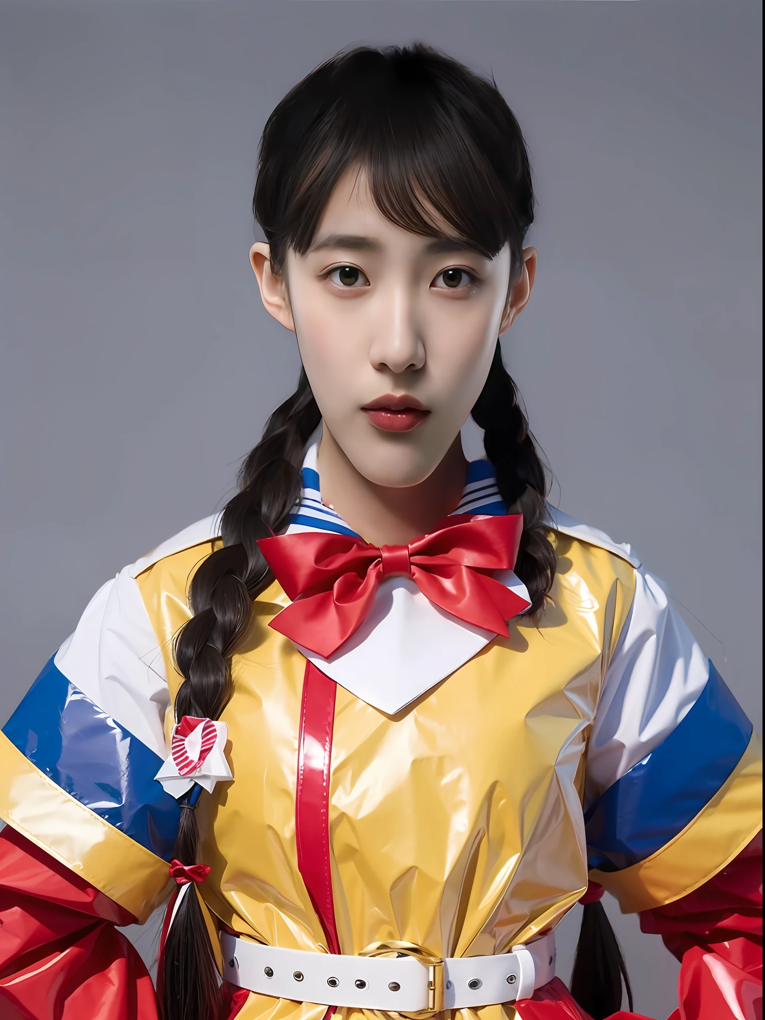 A Chinese high school girl，Wearing PVC colored sailor suits，There are bows，Braid