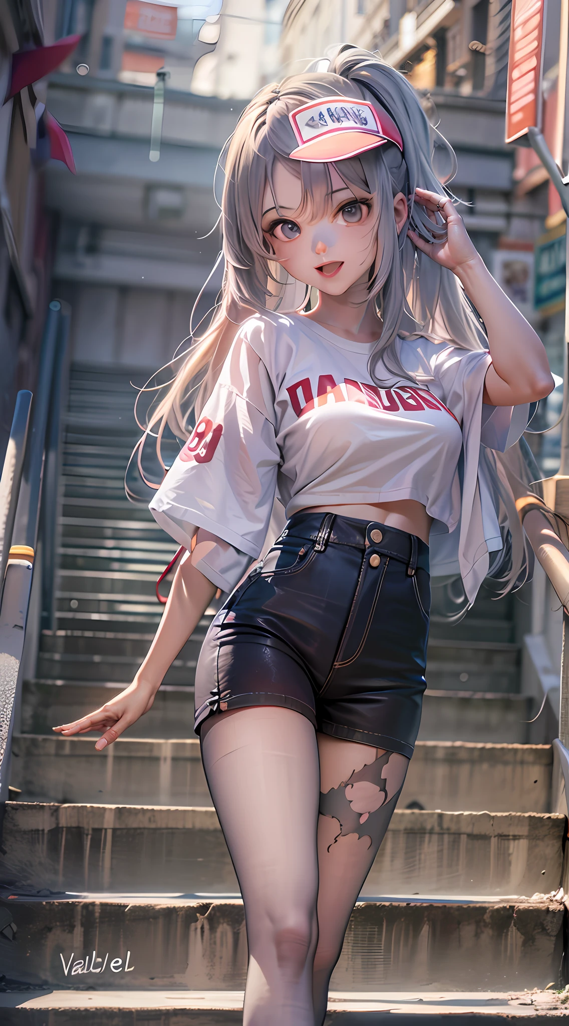 incantation(Prompt): tmasterpiece, Best quality at best, absurderes, Perfect anatomy, 1girll, 独奏, Love Espada, long whitr hair, pony tails, , baseball cap, graphic t shirt, denim short, Shorts pantyhose, Sat down, stairways, exteriors, 城市, ssmile, Dutch angle, wide - angle shot,Hands on your back,nabel