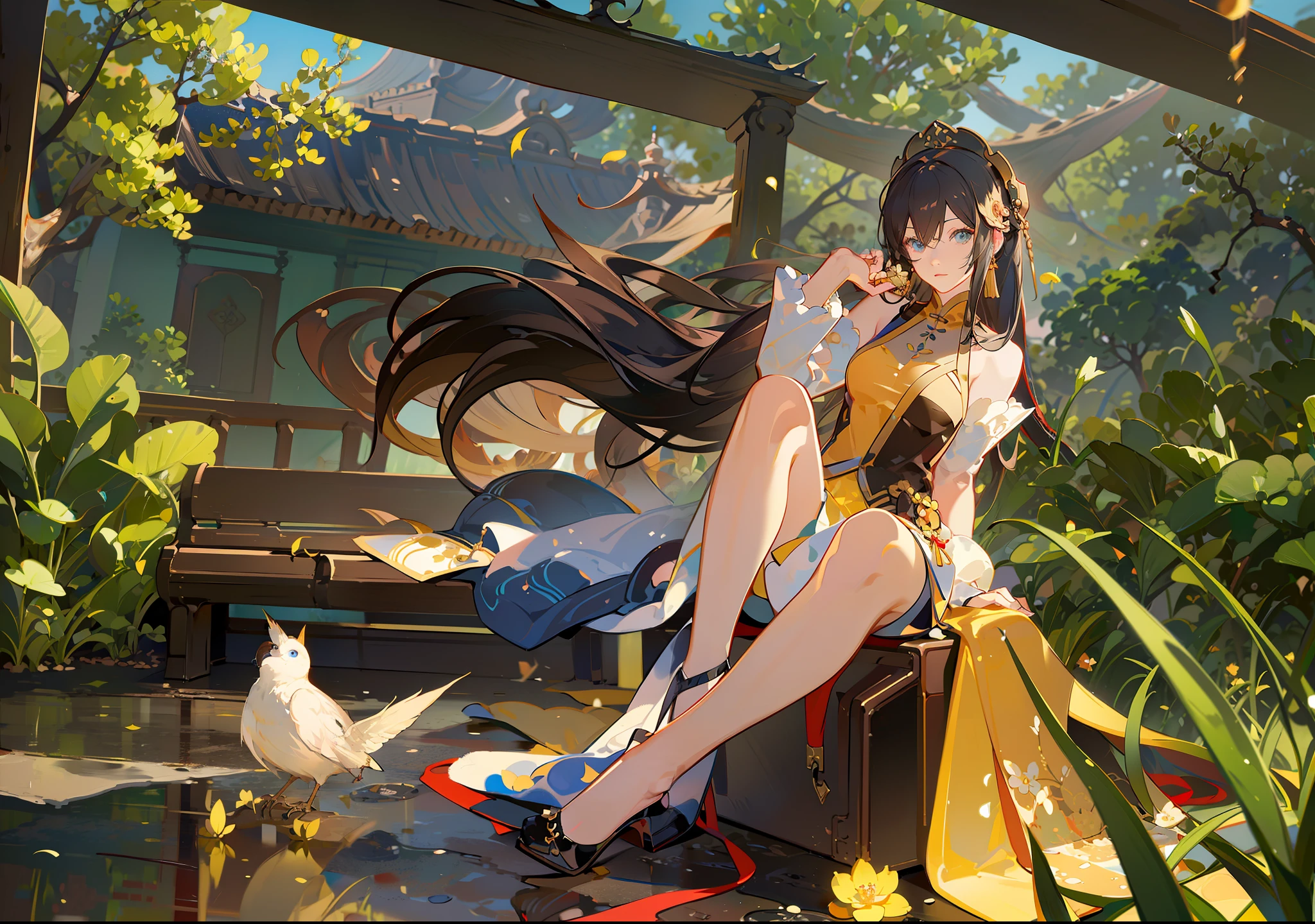 Anime girl sitting on bench,A bird in his hand, Guviz-style artwork, by Yang J, 2. 5 D CGI anime fantasy artwork, Inspired by Fenghua Zhong, Palace , A girl in Hanfu, Beautiful digital artwork, beautiful and seductive anime woman, trending on cgstation, Guweiz in Pixiv ArtStation