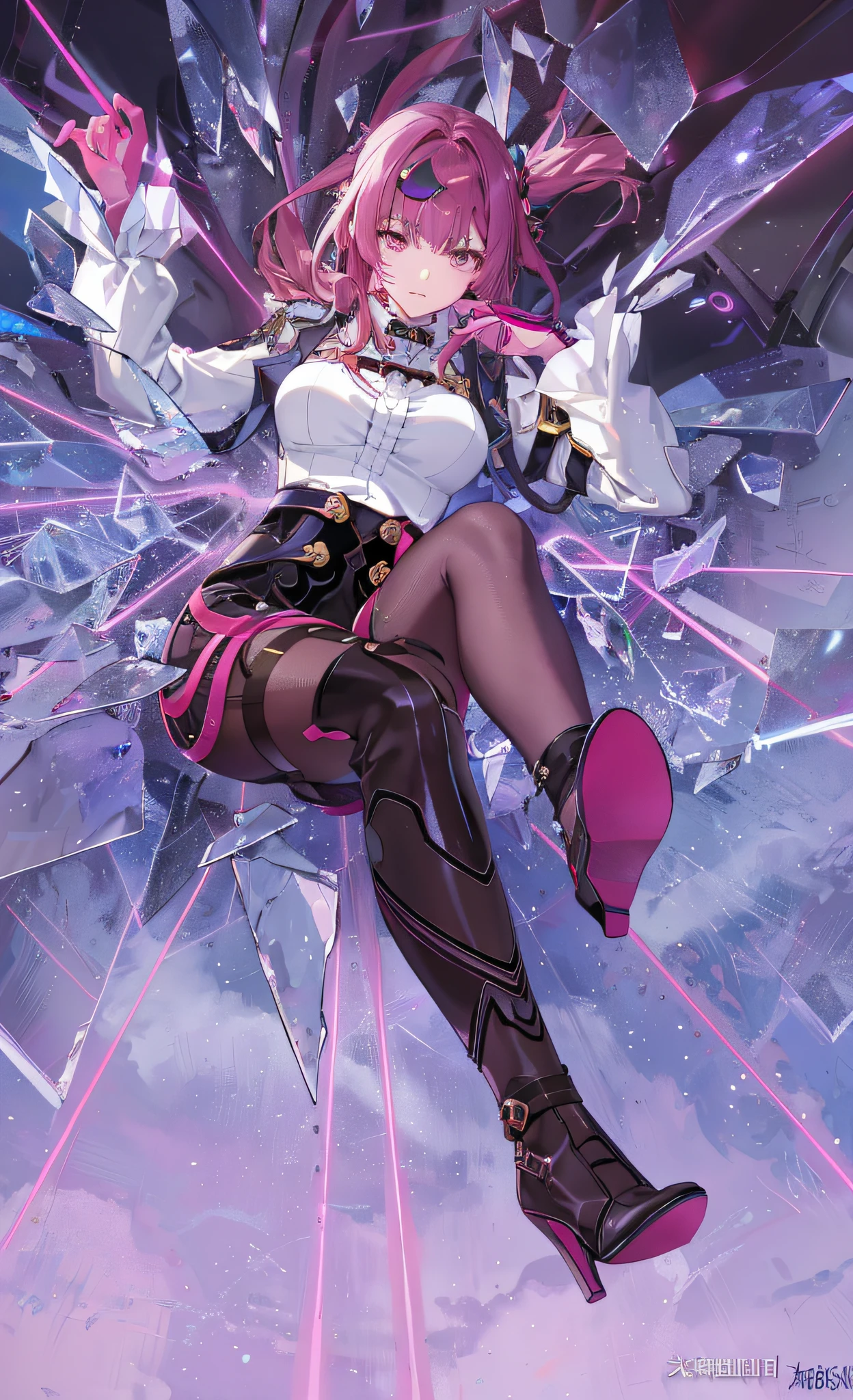 Anime girl sitting on broken glass with pink hair and black boots, Ayaka Genshin impact, Guviz, vi from arcane, Epic light novel art cover, Keqing from Genshin Impact, Extremely detailed Artgerm, Kushatt Krenz Key Art Women, ayaka game genshin impact, sakimichan frank franzzeta