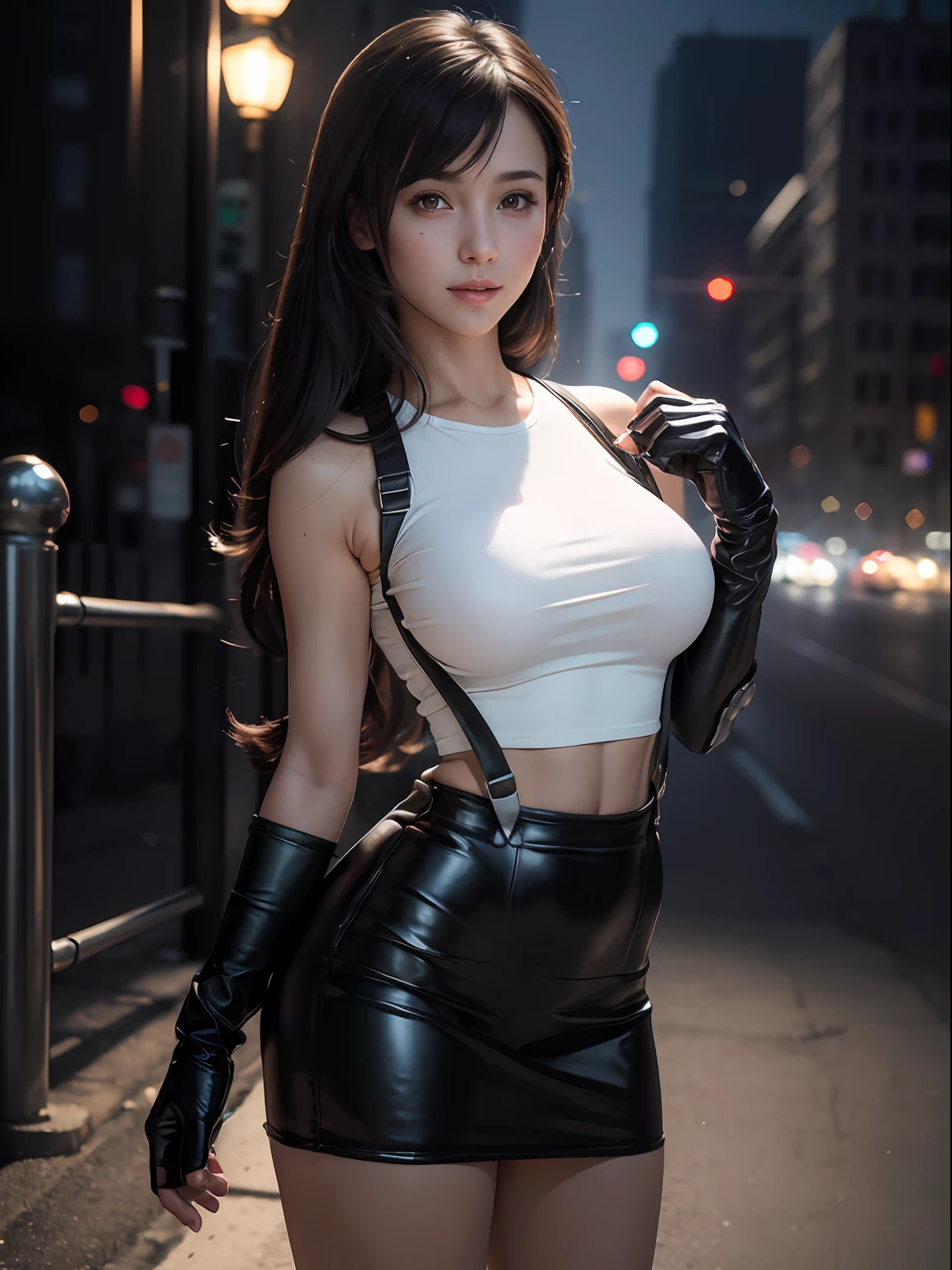 (masterpiece, best quality:1.4), (future days), (front shot), (1girl:1.2), (solo), (european youth:1), defTifa, white crop top, elbow pad, fingerless gloves, suspenders, pencil skirt, black socks, red boots, full body, medium breast, looking at viewer, sexy smile, futuristic city at night, beautiful face, highly detailed face, highly detailed skin, skin pores, subsurface scattering, realistic pupils, medium breast, full face blush, full lips, detailed background, sfw, depth of field, volumetric lighting, sharp focus, absurdres, realistic proportions, good anatomy, (realistic, hyperrealistic:1.4), 16k hdr,