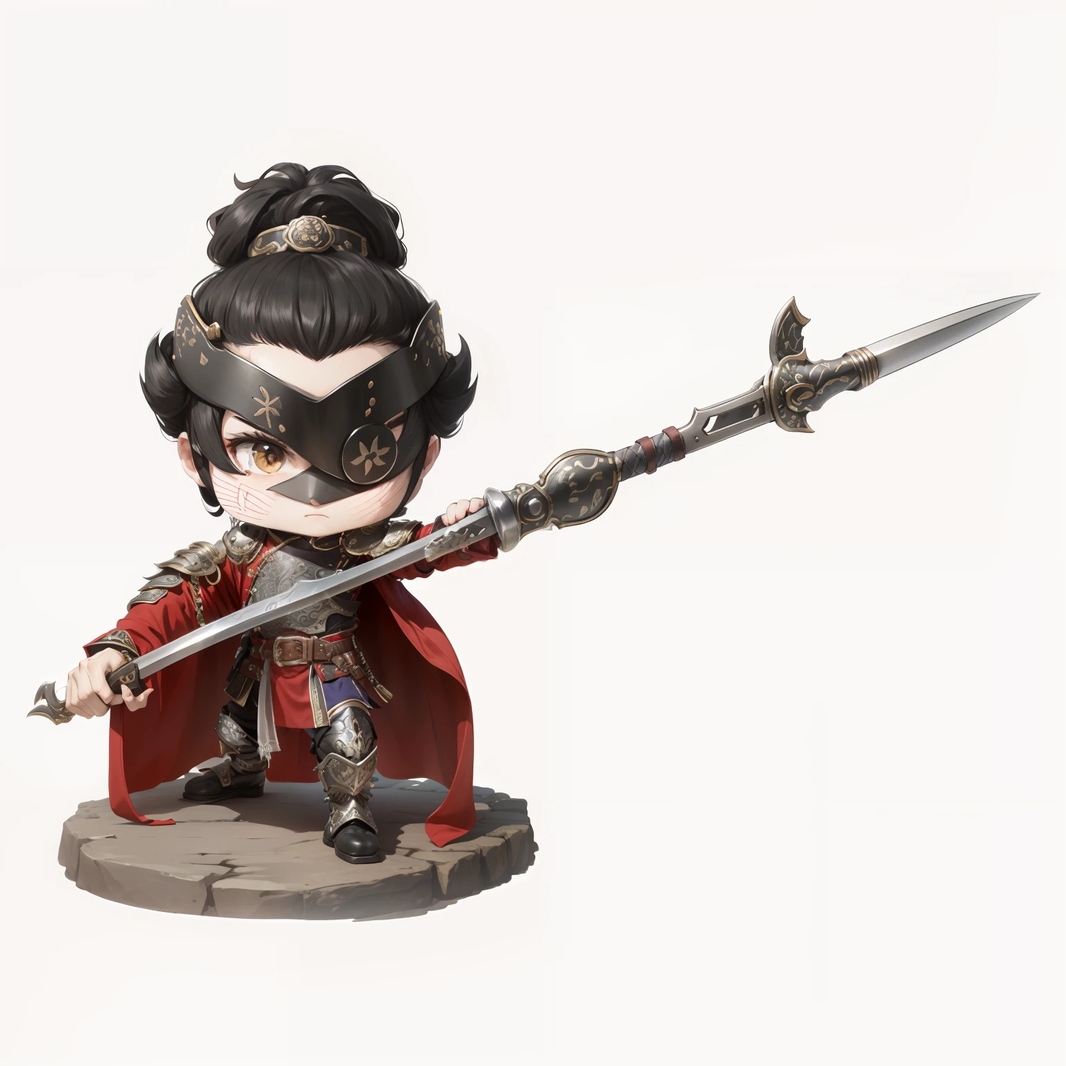 male people,Male characters,tchibi,Bad,Arms,Wu weapons,The handle has a delicate pattern,Shoulder blades,metal breastplate,chainmail,Animal pattern cuirass,chest plate,Bracers,Flowing hem,China-style,Chinese-style clothing,Chinese shoes,There are beautiful patterns on the weapon grips,Refinement,Fine painting,Refinement,infinite details,high definition detail,Delicate belt,Belt accessories,Male characters,Blindfolds,Black color hair,Patterned,Pattern,Blank background,Bright colors,Metal edging